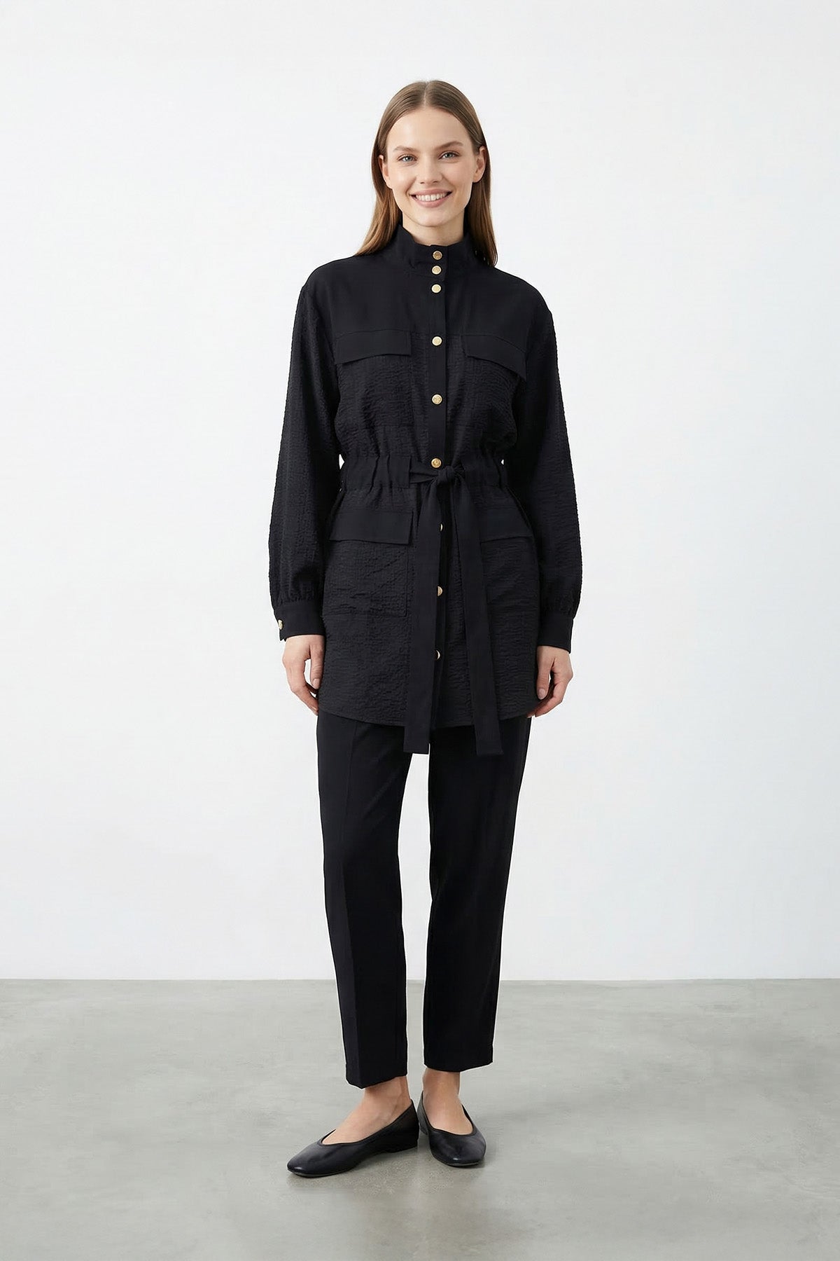 Kadın Hakim Yaka Kuşaklı Bambu Tunik Pantolon Takım – 14451TKS