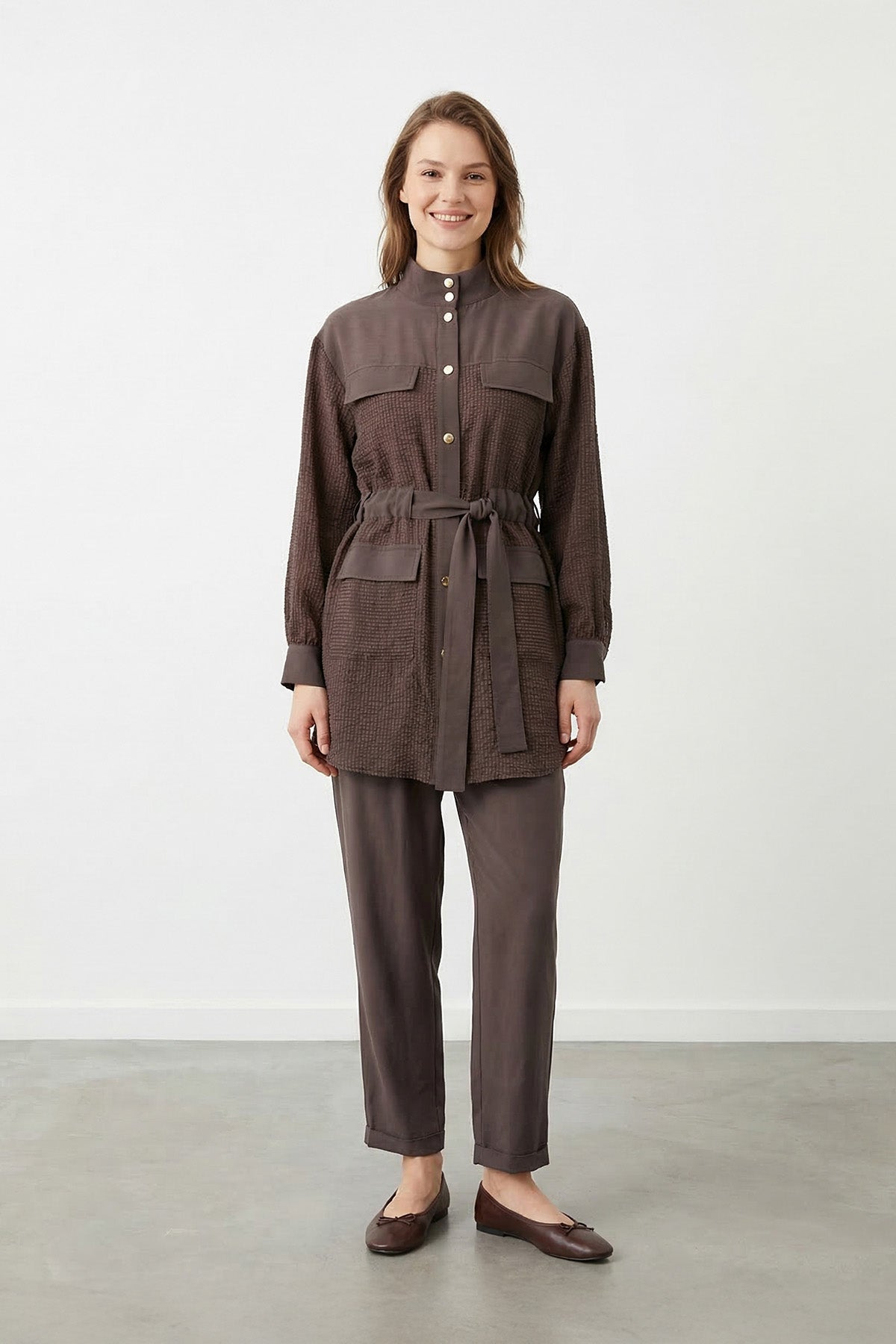 Kadın Hakim Yaka Kuşaklı Bambu Tunik Pantolon Takım – 14451TKS