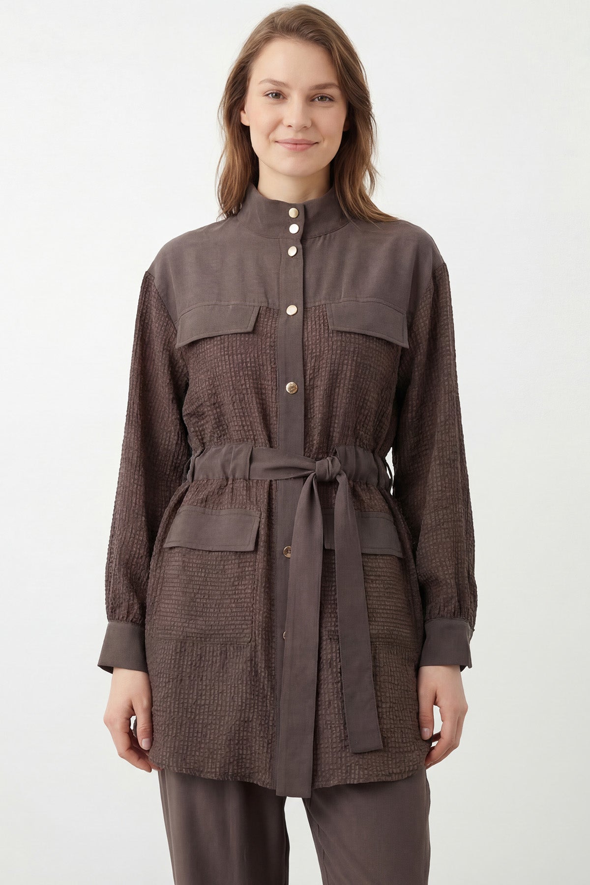 Kadın Hakim Yaka Kuşaklı Bambu Tunik Pantolon Takım – 14451TKS