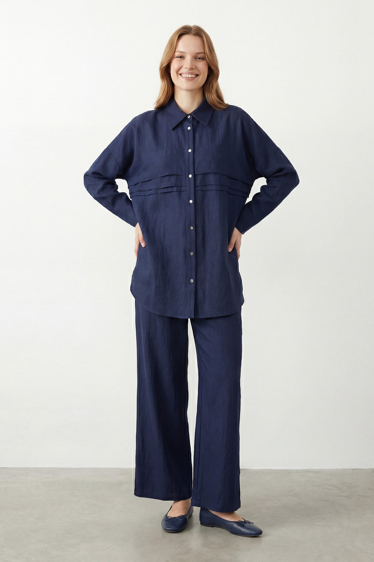 Kadın Gömlek Yaka Kat Detaylı Tunik Pantolon Takım -14466TKS