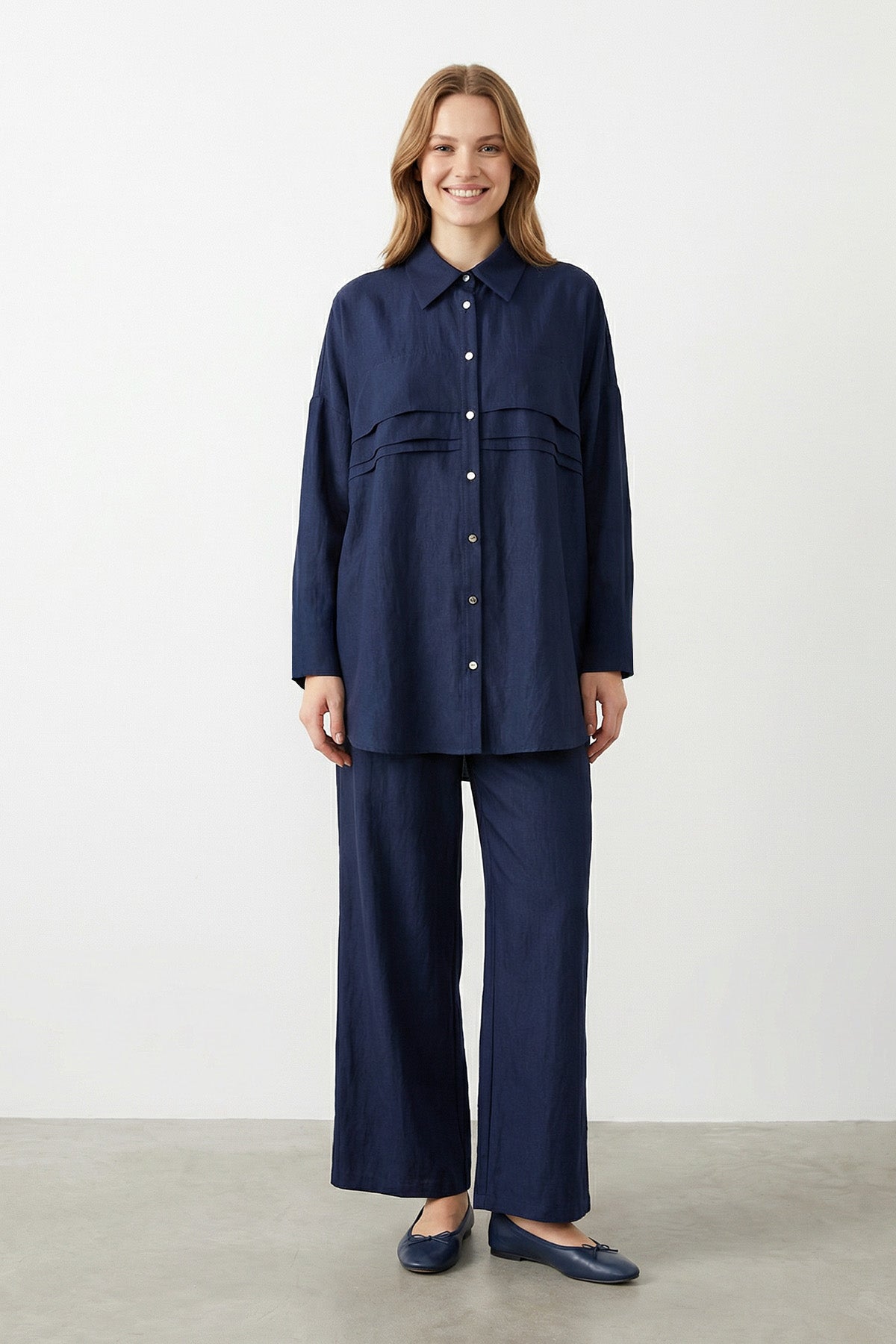 Kadın Gömlek Yaka Kat Detaylı Tunik Pantolon Takım -14466TKS