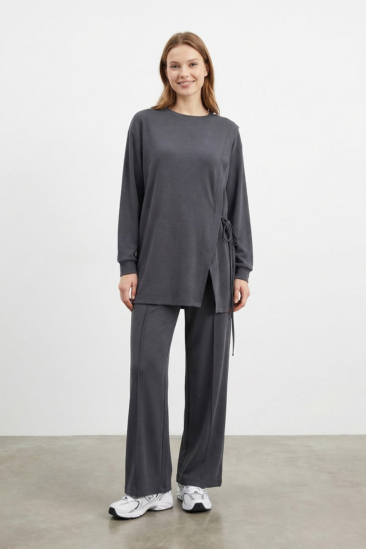 Kadın Yan Bağlama Detaylı Bisiklet Yaka Tunik Pantolon Takım – 14479TKS