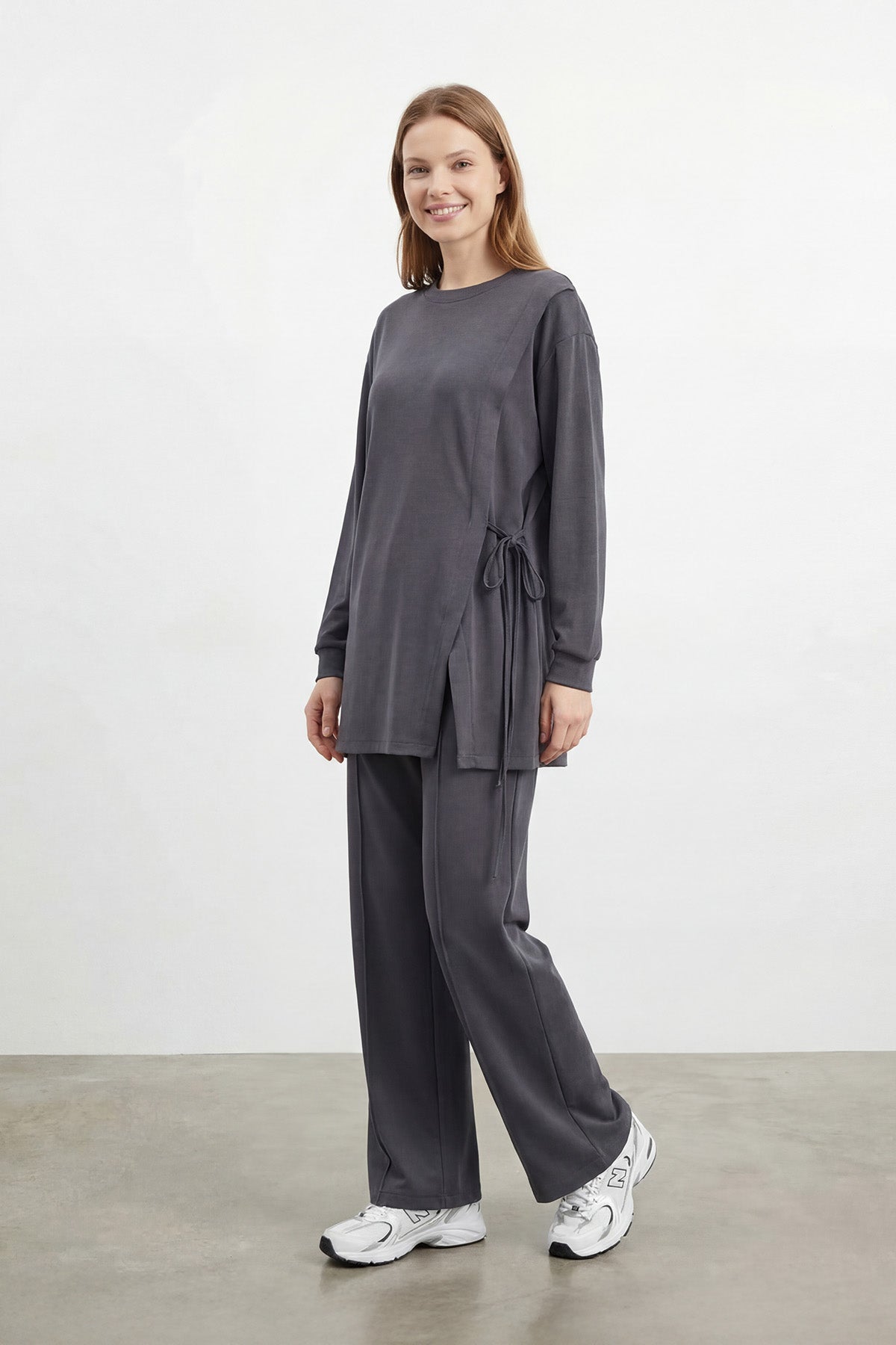 Kadın Yan Bağlama Detaylı Bisiklet Yaka Tunik Pantolon Takım – 14479TKS