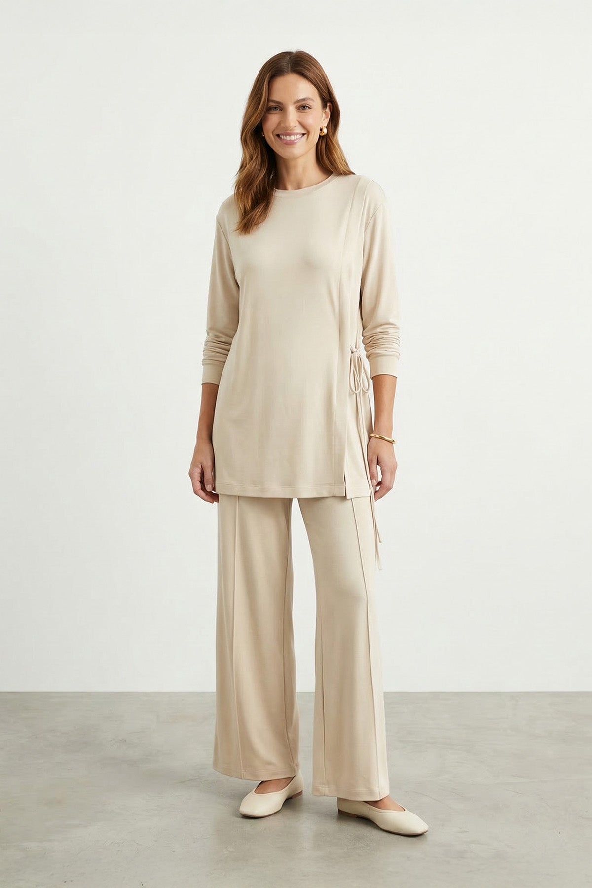 Kadın Yan Bağlama Detaylı Bisiklet Yaka Tunik Pantolon Takım – 14479TKS