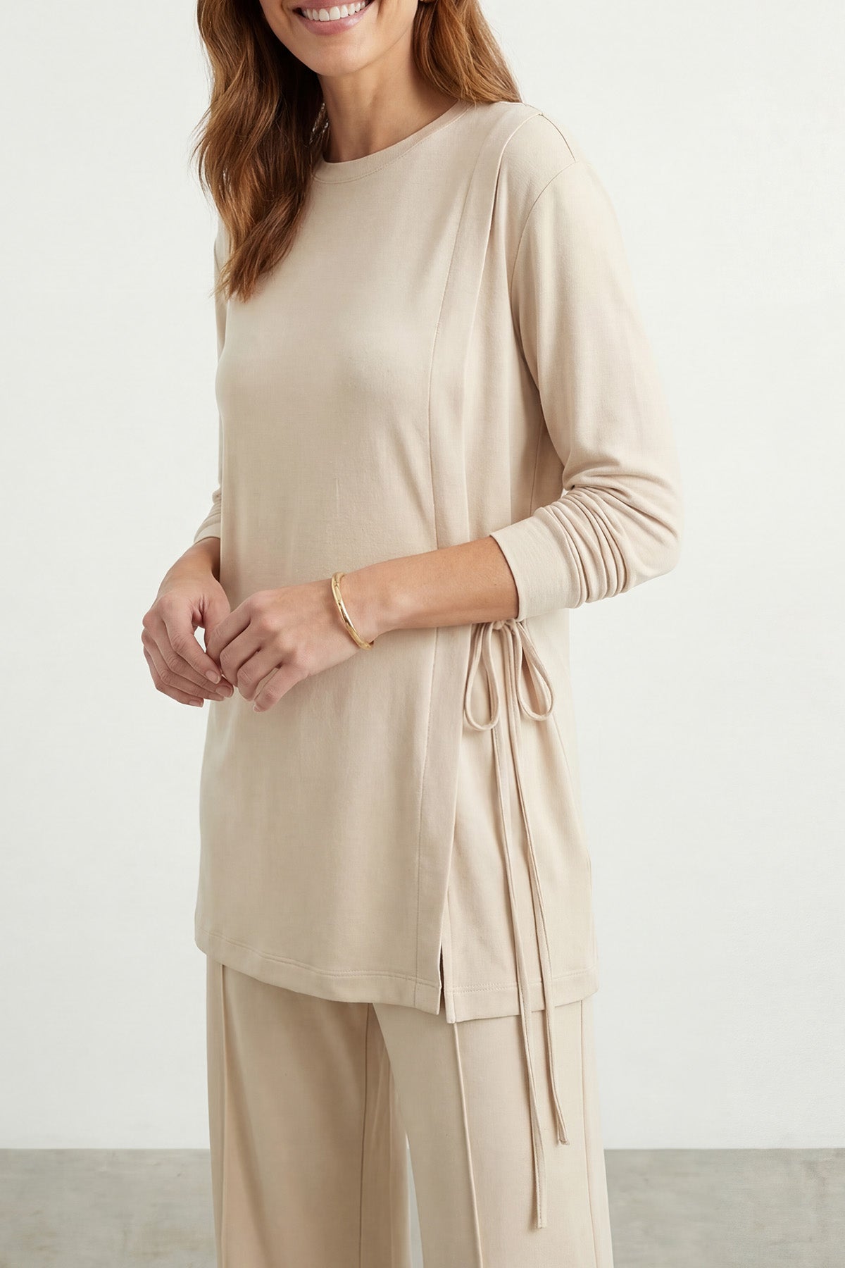 Kadın Yan Bağlama Detaylı Bisiklet Yaka Tunik Pantolon Takım – 14479TKS