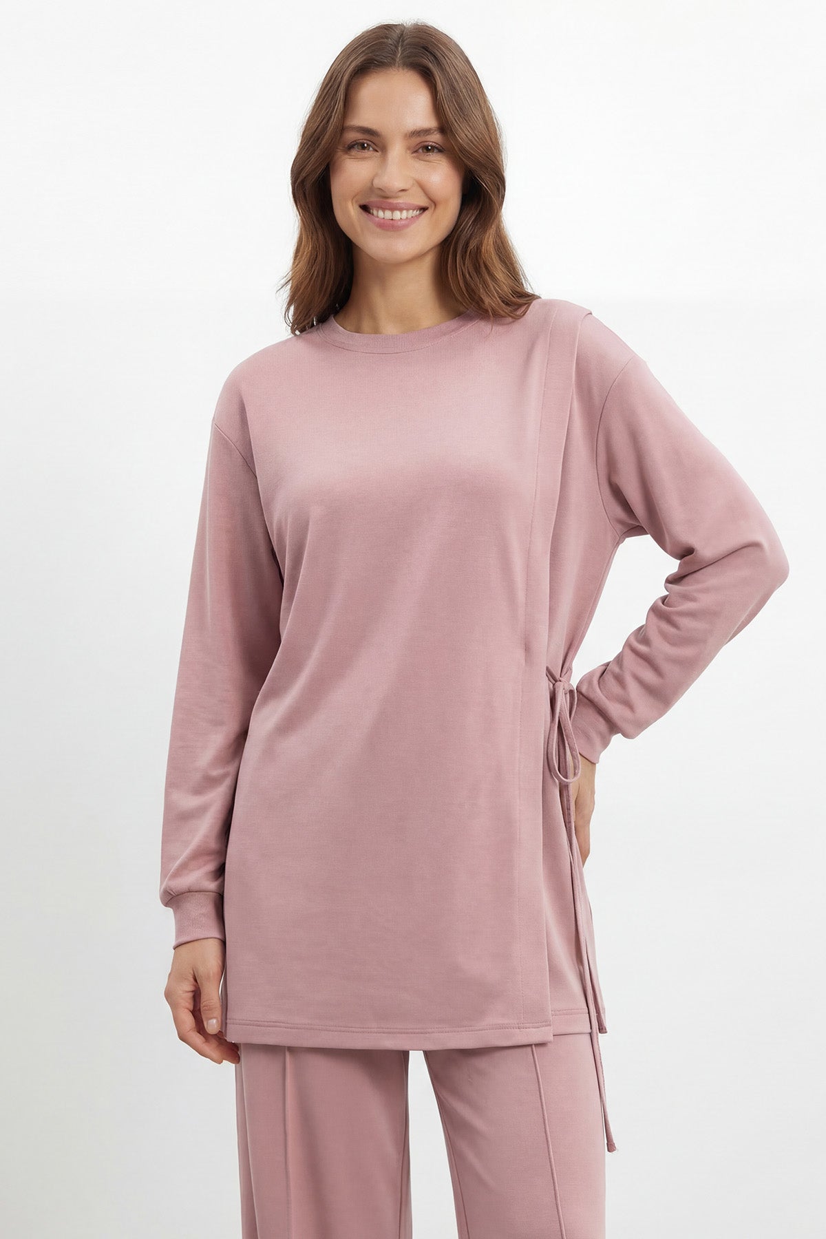 Kadın Yan Bağlama Detaylı Bisiklet Yaka Tunik Pantolon Takım – 14479TKS