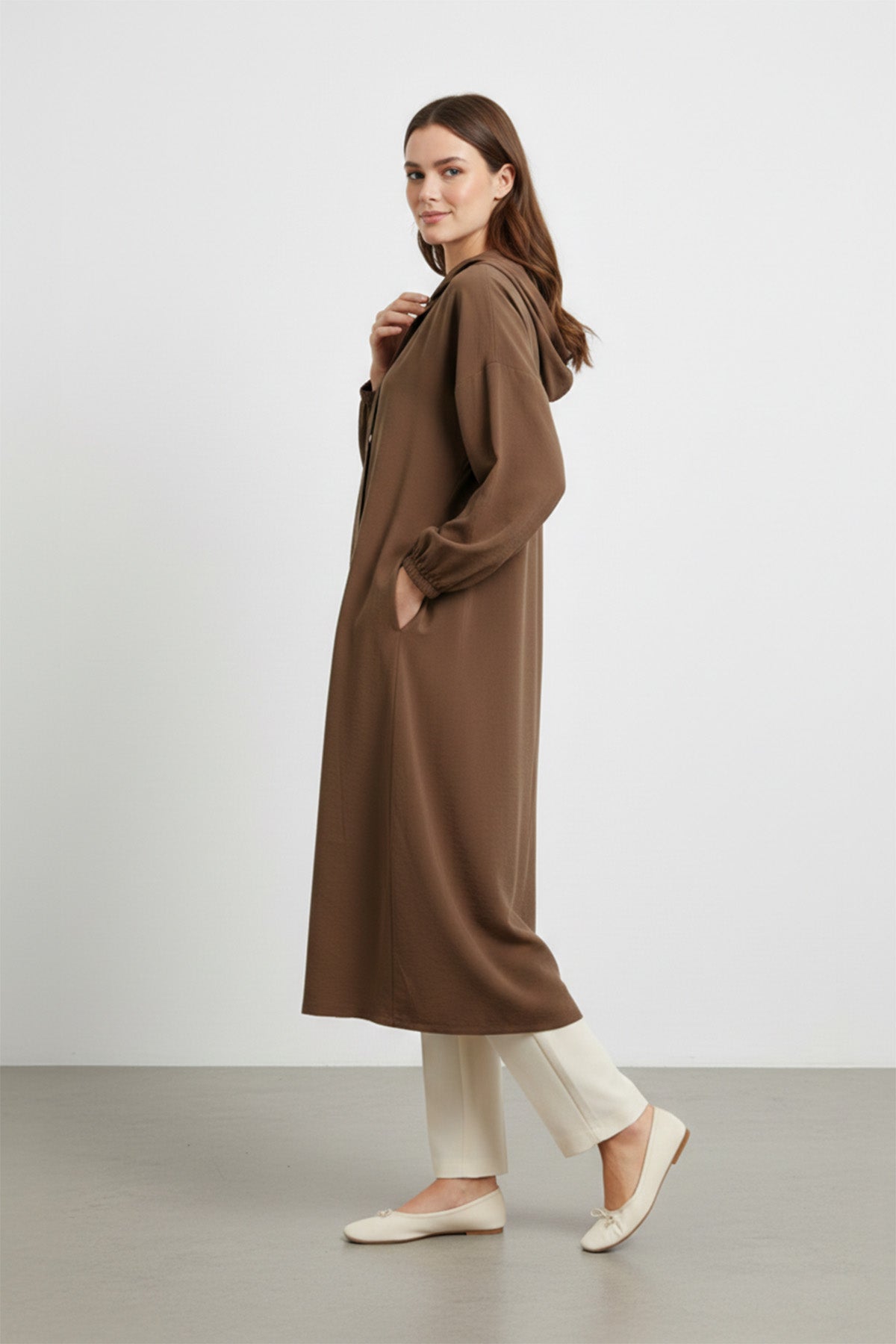 Kapüşonlu Fermuarlı uzun Kadın Kap-15251