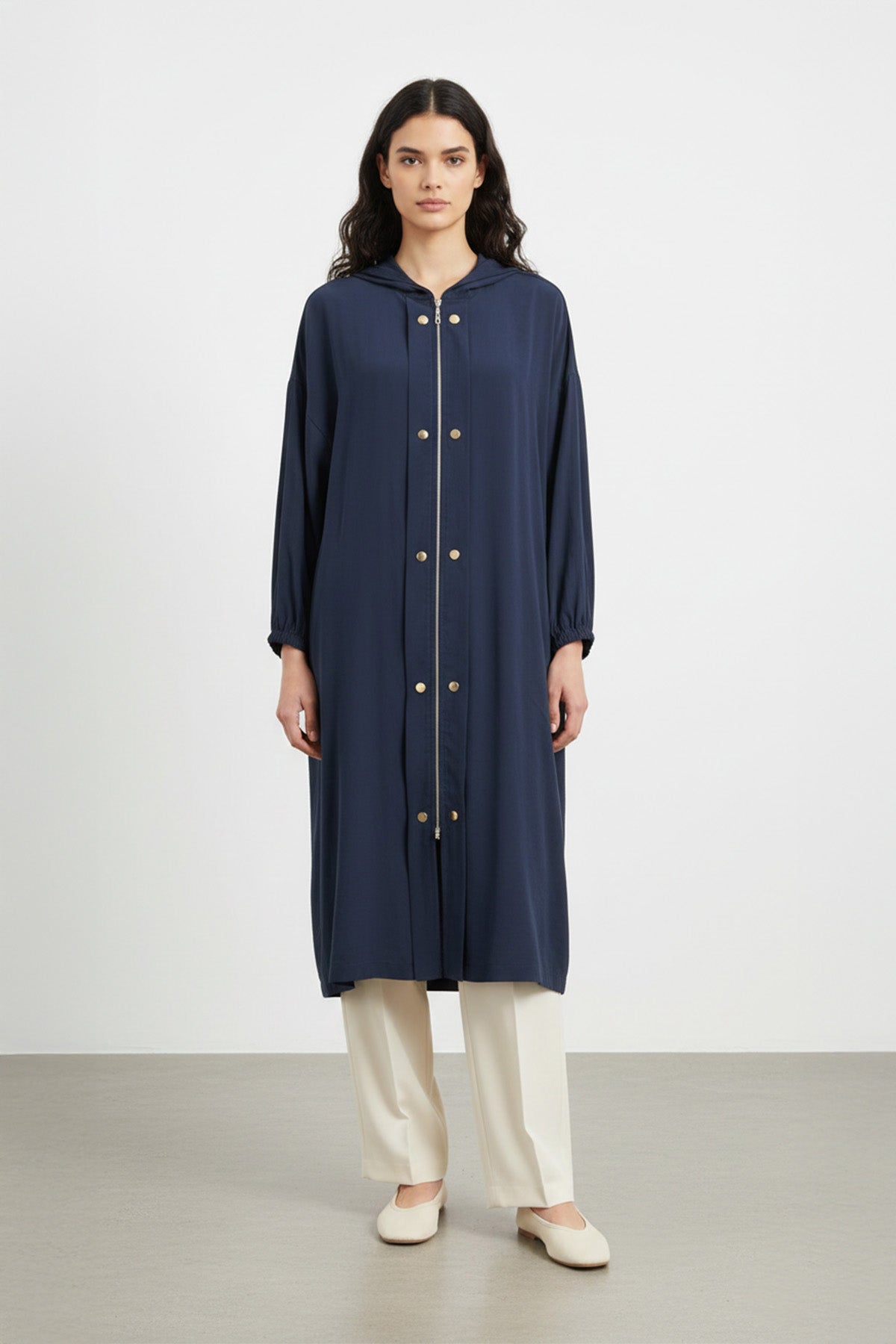 Kapüşonlu Fermuarlı uzun Kadın Kap-15251