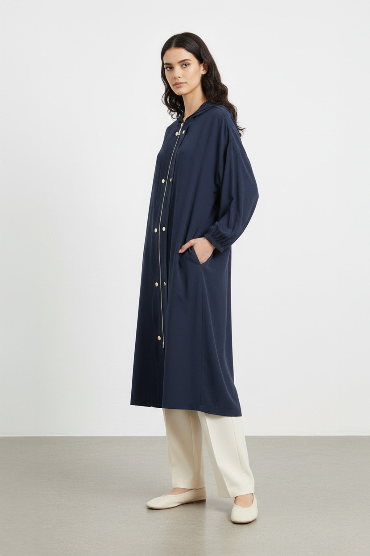 Kapüşonlu Fermuarlı uzun Kadın Kap-15251