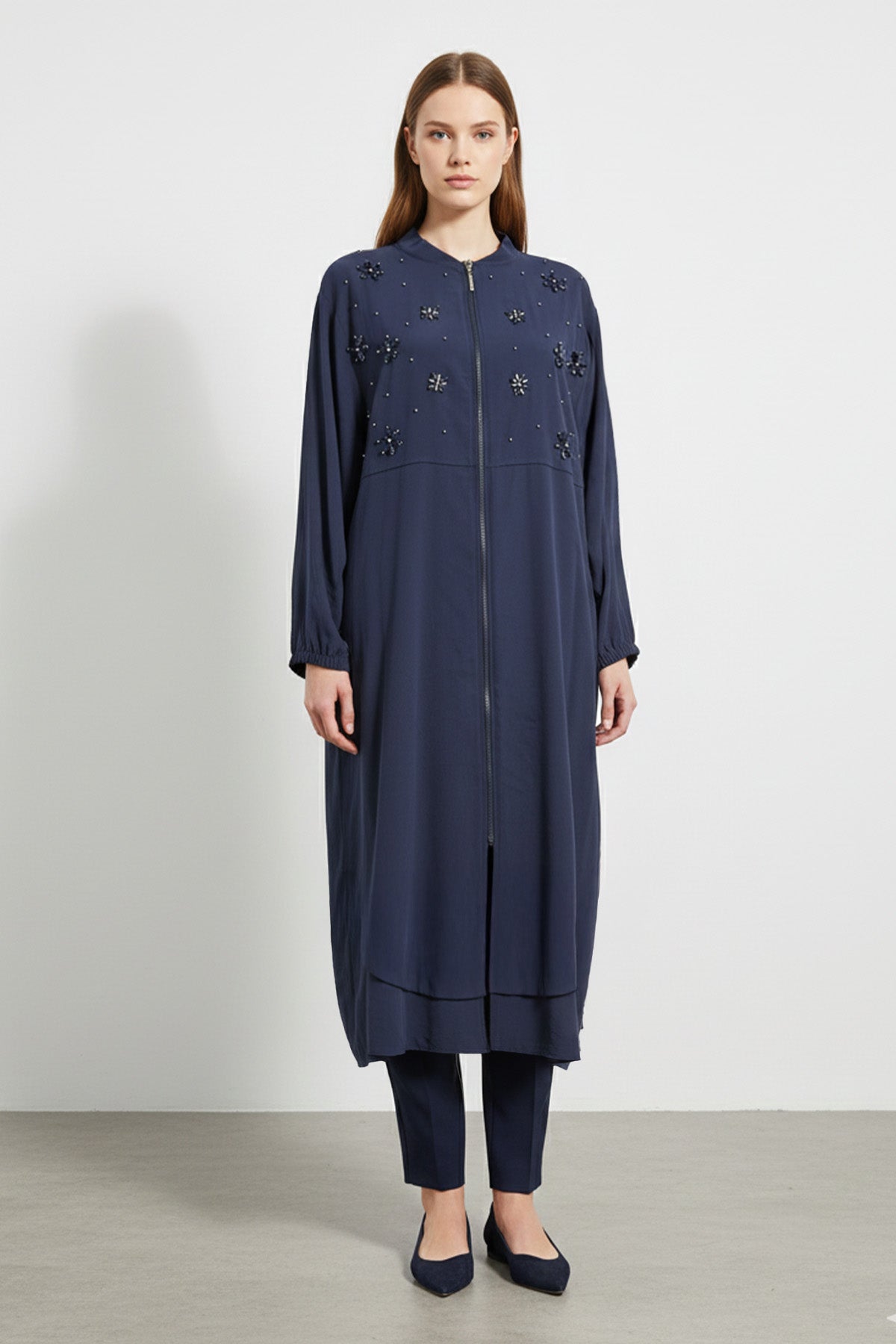 Kadın Fermuarlı Yaka Düz Kesim Uzun Hırka-15253HRK