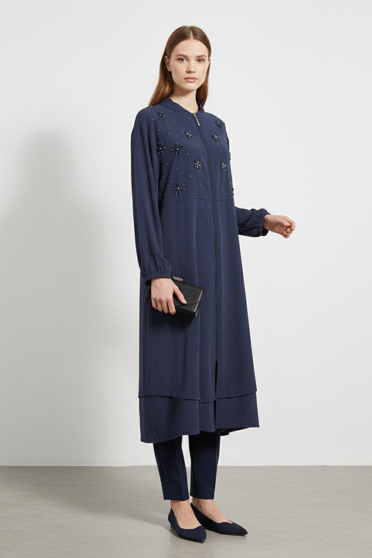 Kadın Fermuarlı Yaka Düz Kesim Uzun Hırka-15253HRK