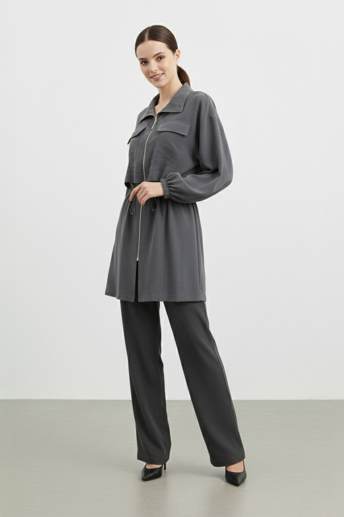 Fermuarlı Dik Yaka Beli Büzgülü Kadın Ceket-15260