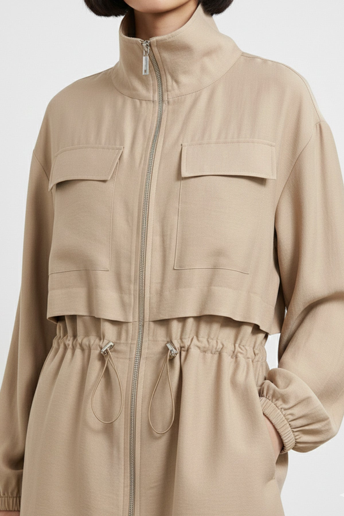 Fermuarlı Dik Yaka Beli Büzgülü Kadın Ceket-15260