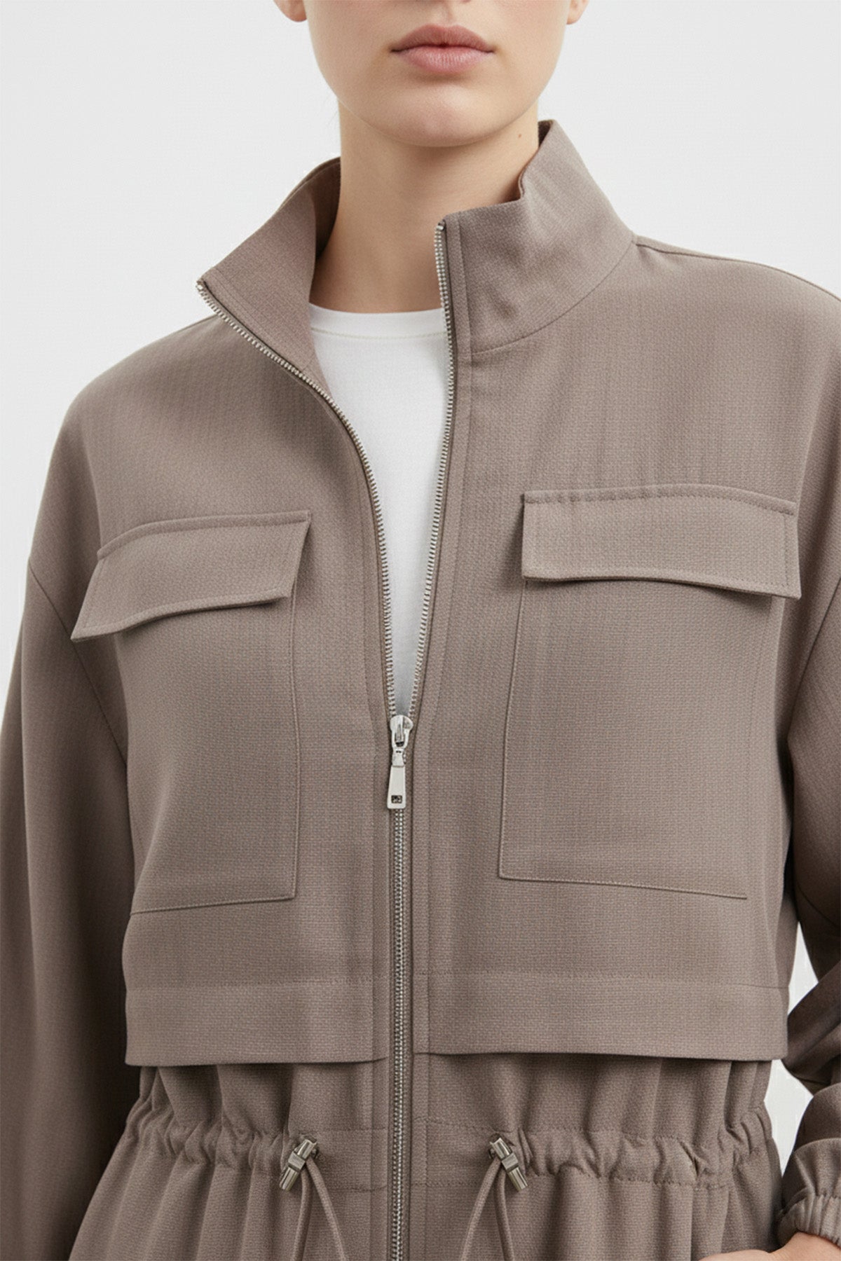 Fermuarlı Dik Yaka Beli Büzgülü Kadın Ceket-15260