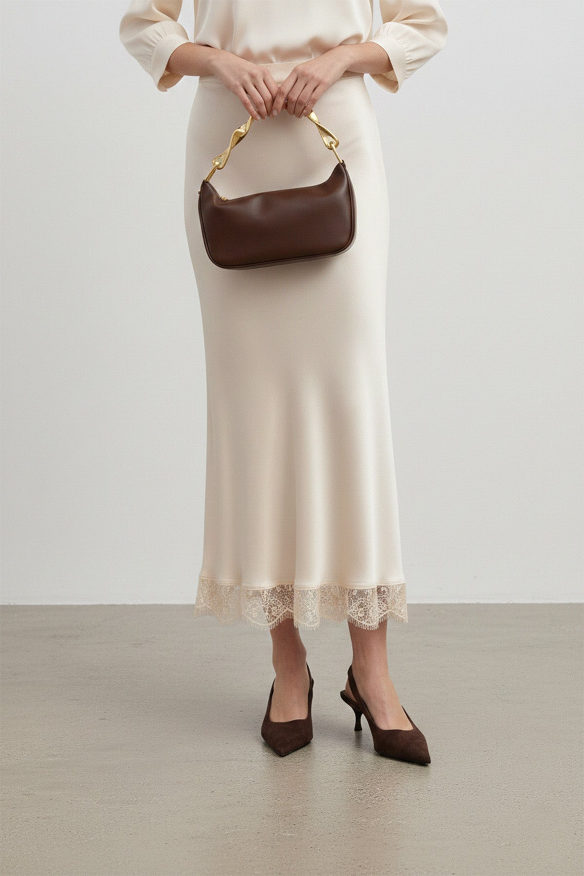 Saten Dantel Detaylı Uzun Etek-20729