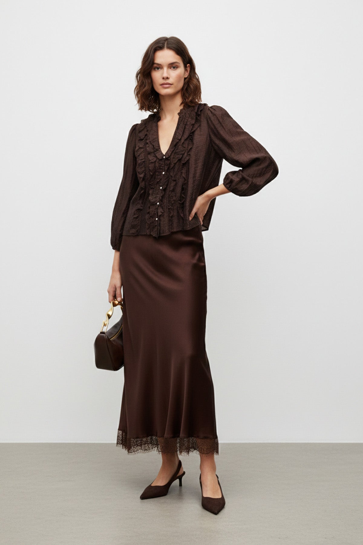 Saten Dantel Detaylı Uzun Etek-20729