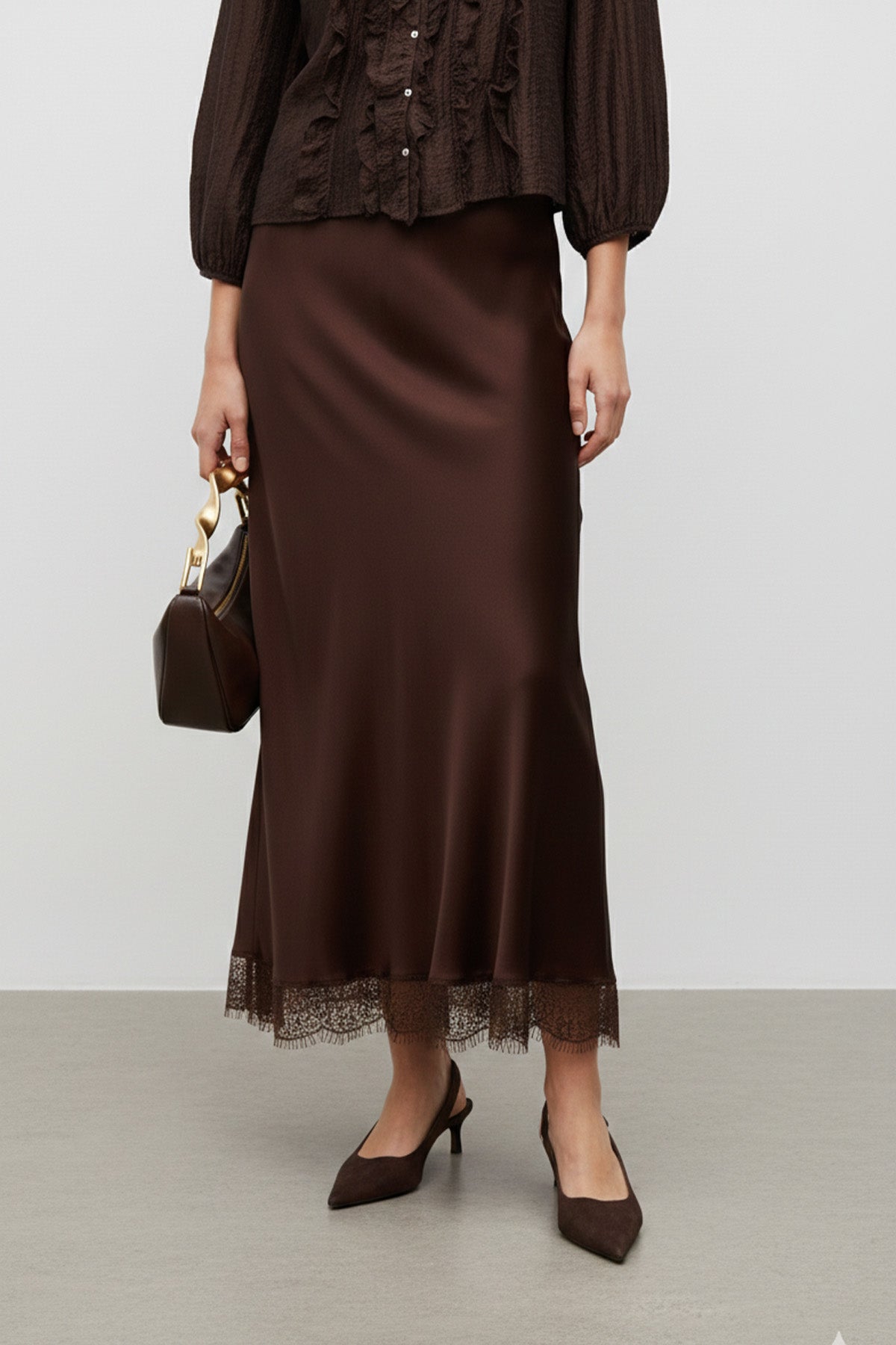Saten Dantel Detaylı Uzun Etek-20729
