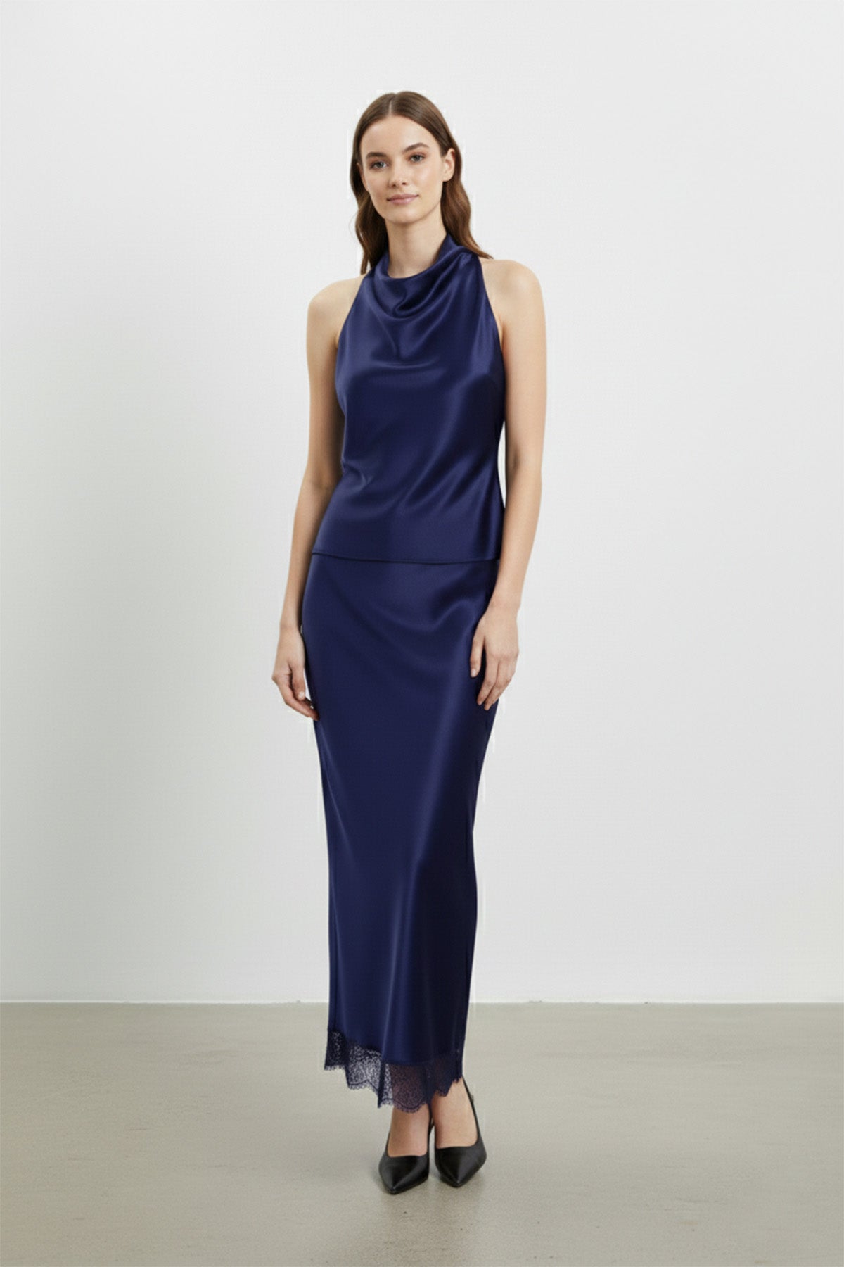 Saten Dantel Detaylı Uzun Etek-20729