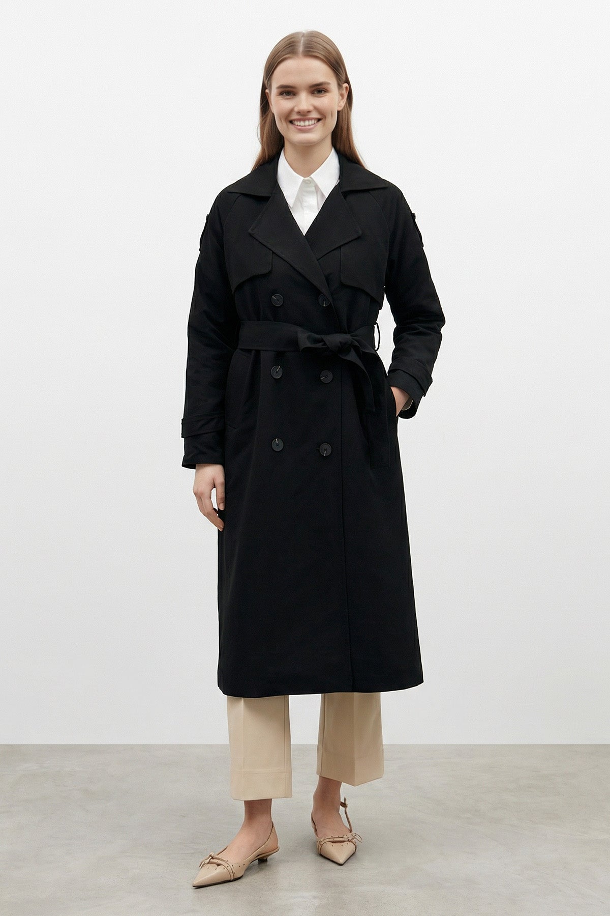 Kruvaze Kuşaklı Uzun Trençkot-20737