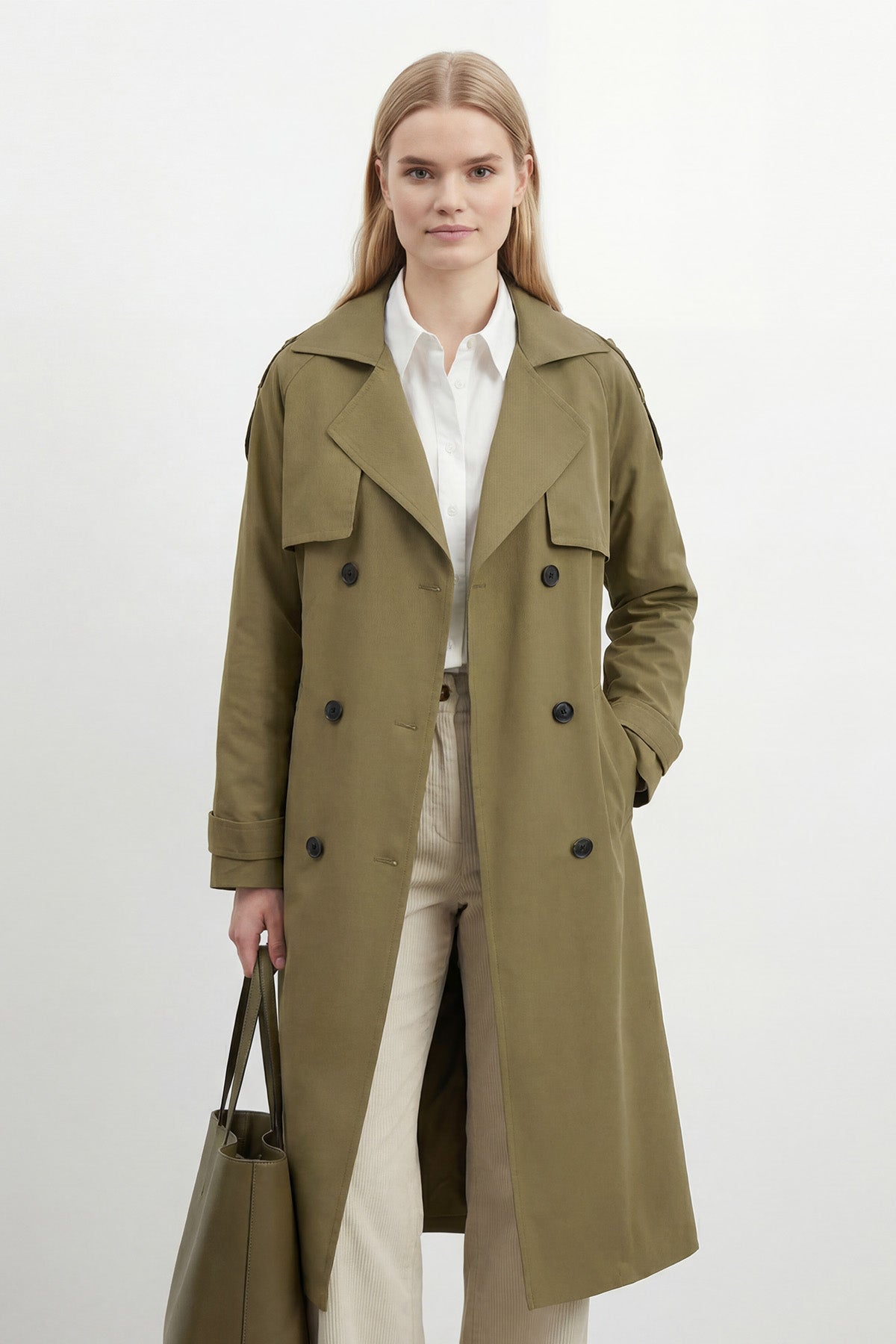 Kruvaze Kuşaklı Uzun Trençkot-20737