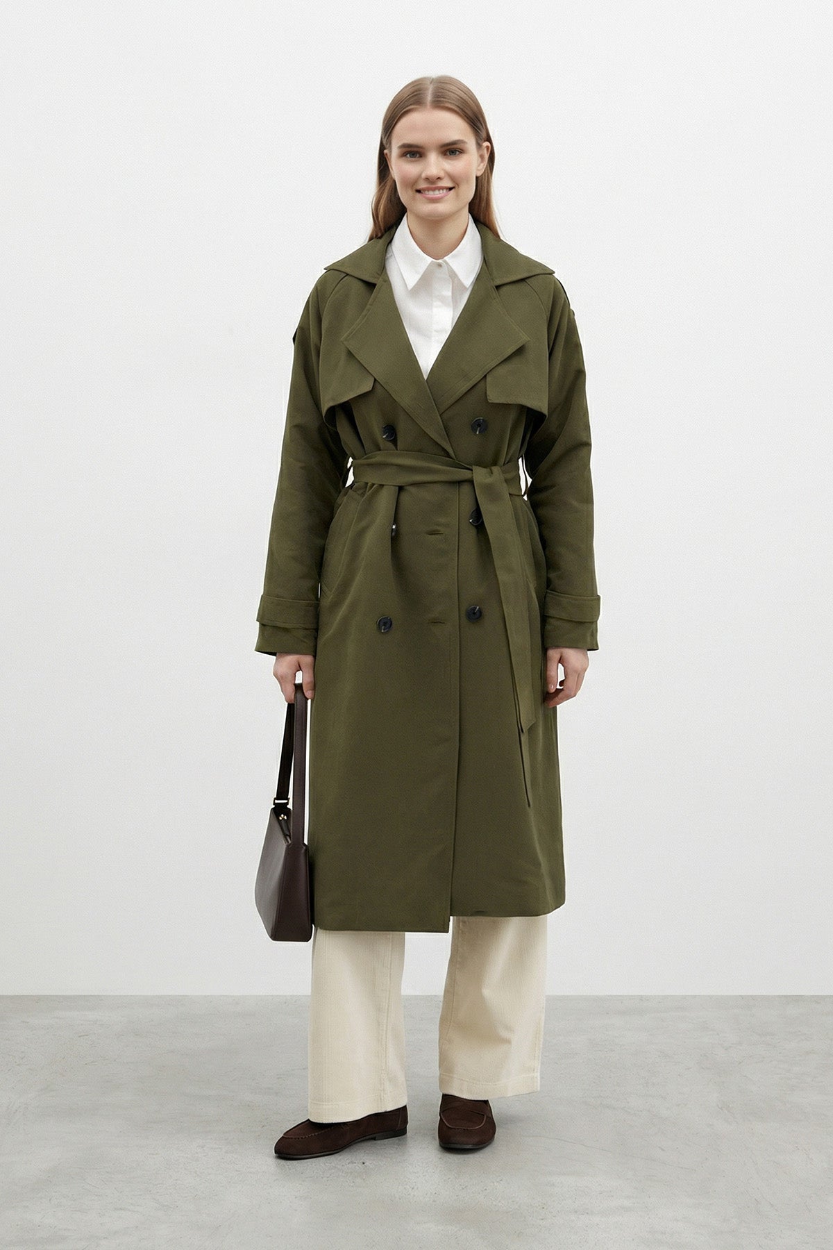 Kruvaze Kuşaklı Uzun Trençkot-20737