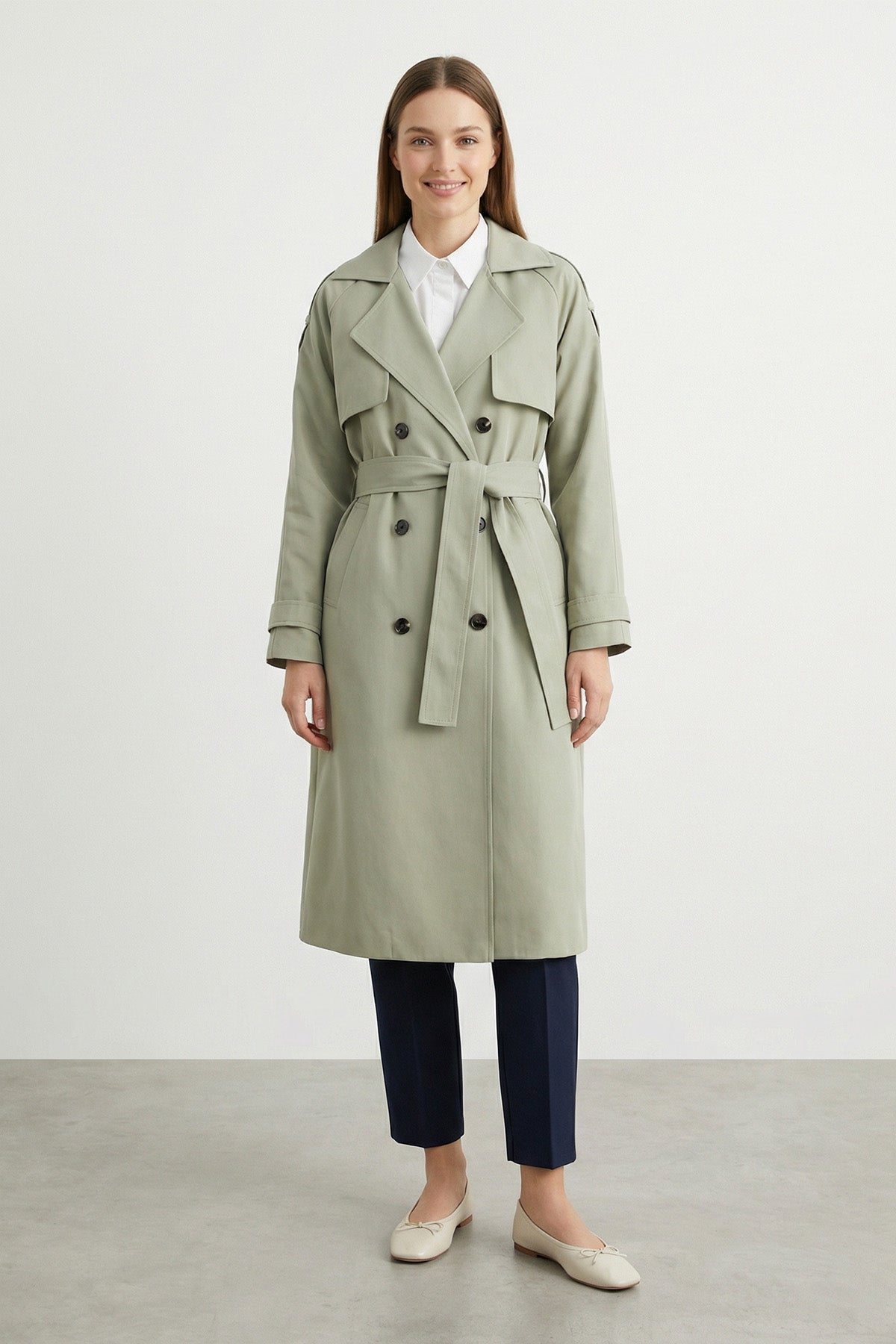 Kruvaze Kuşaklı Uzun Trençkot-20737