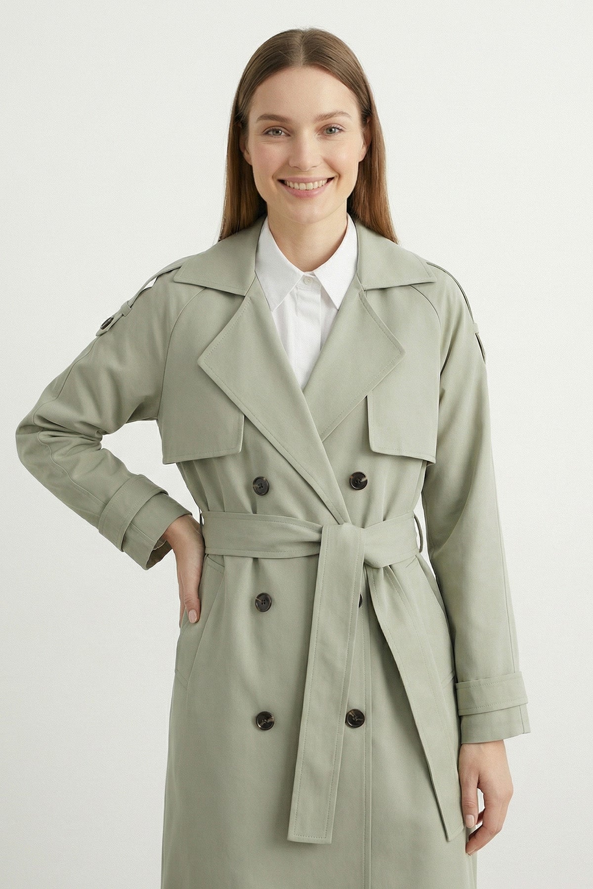 Kruvaze Kuşaklı Uzun Trençkot-20737