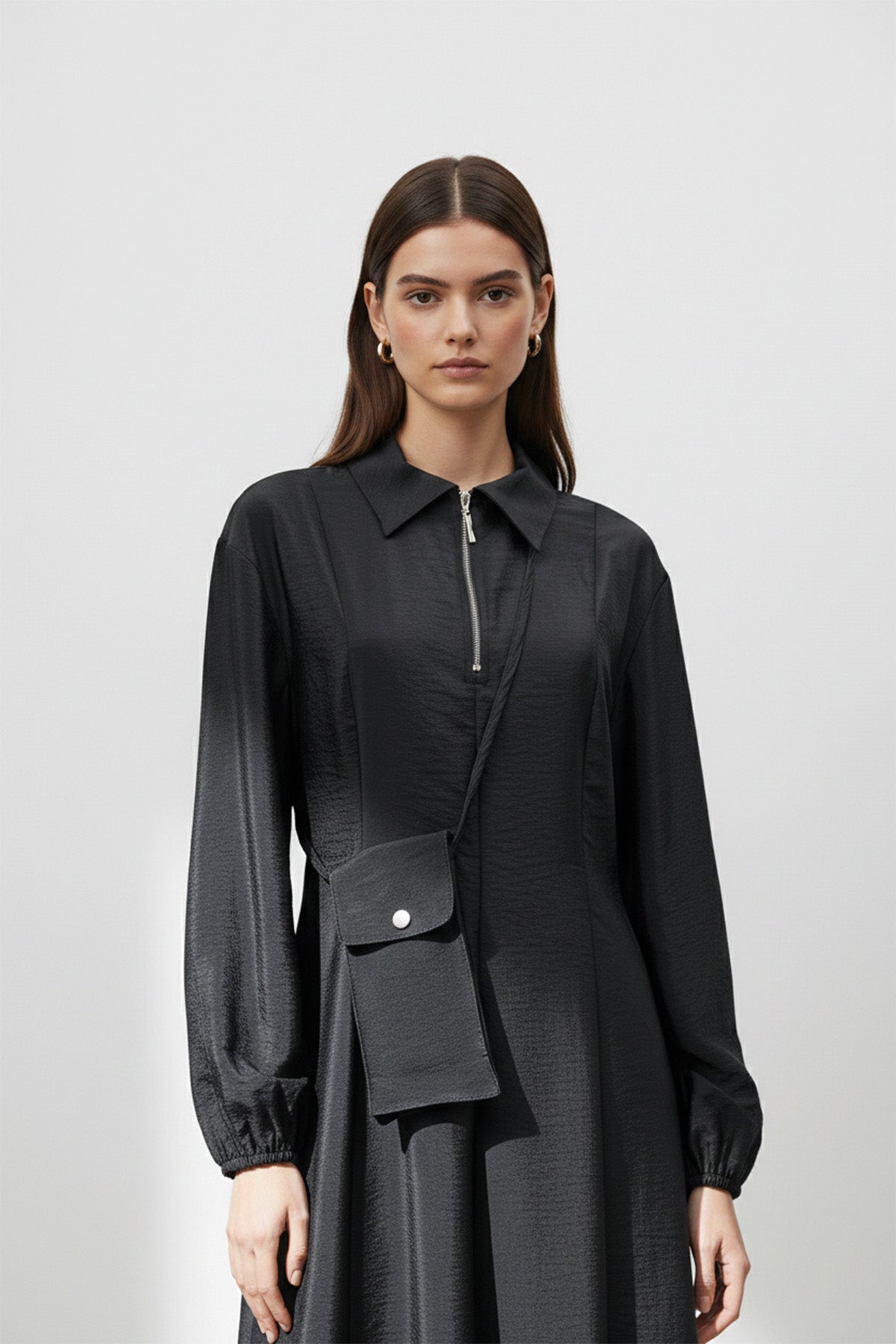 Kadın Uzun Kollu Fermuarlı Uzun Elbise-32448ELB