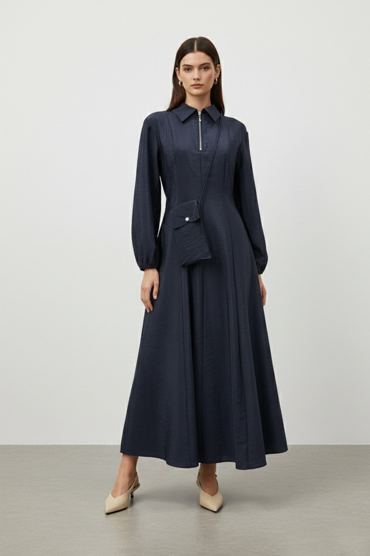 Kadın Uzun Kollu Fermuarlı Uzun Elbise-32448ELB