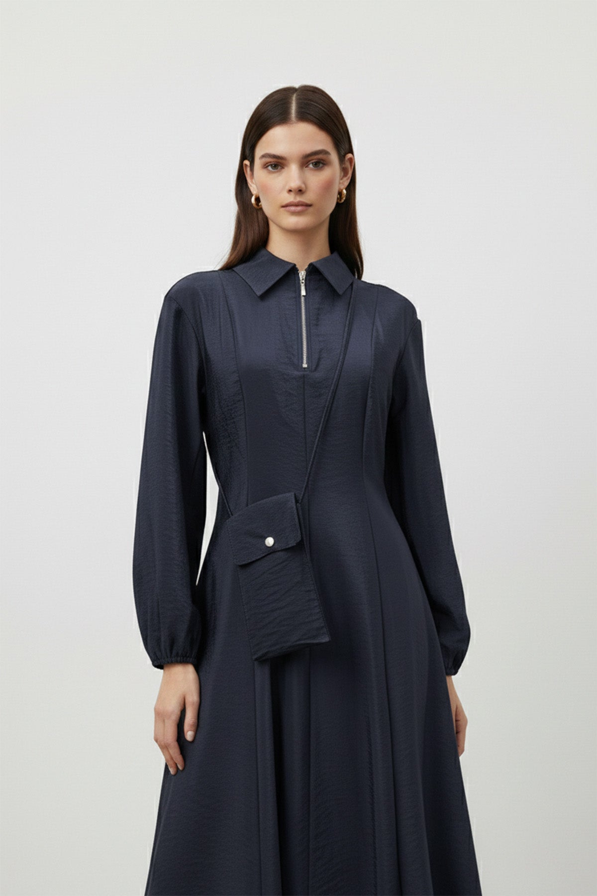 Kadın Uzun Kollu Fermuarlı Uzun Elbise-32448ELB