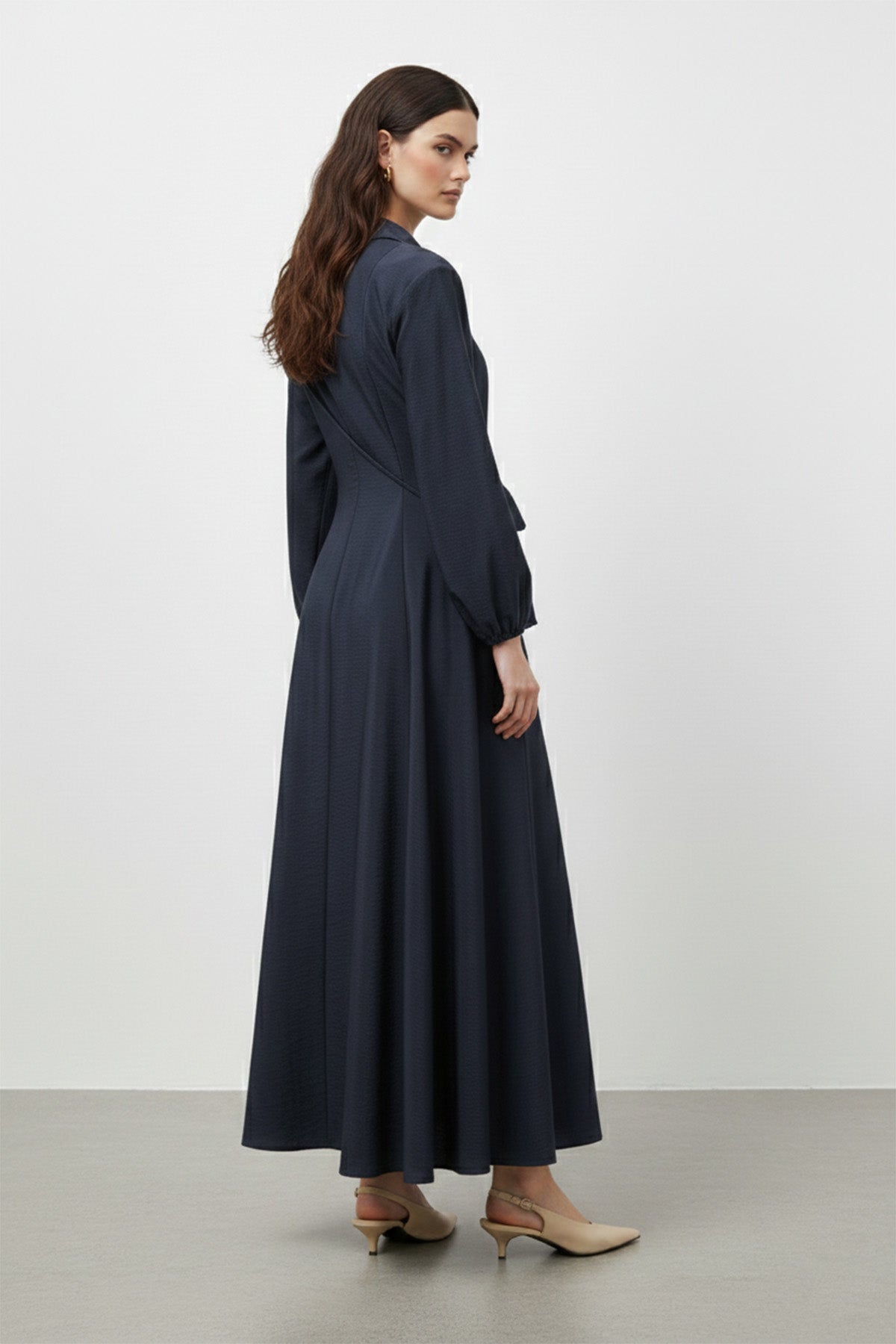 Kadın Uzun Kollu Fermuarlı Uzun Elbise-32448ELB