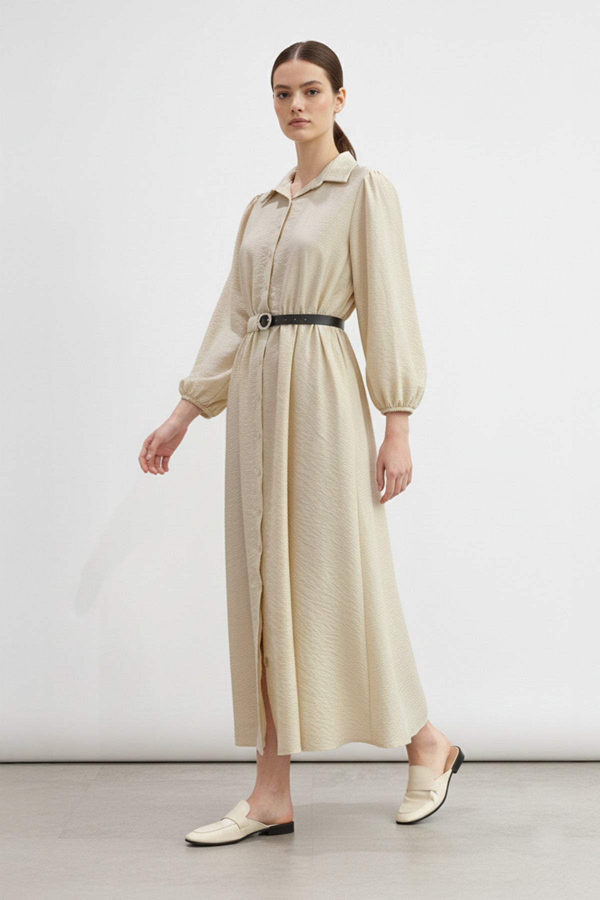 Kemer Detaylı Düğmeli Uzun Elbise-32449