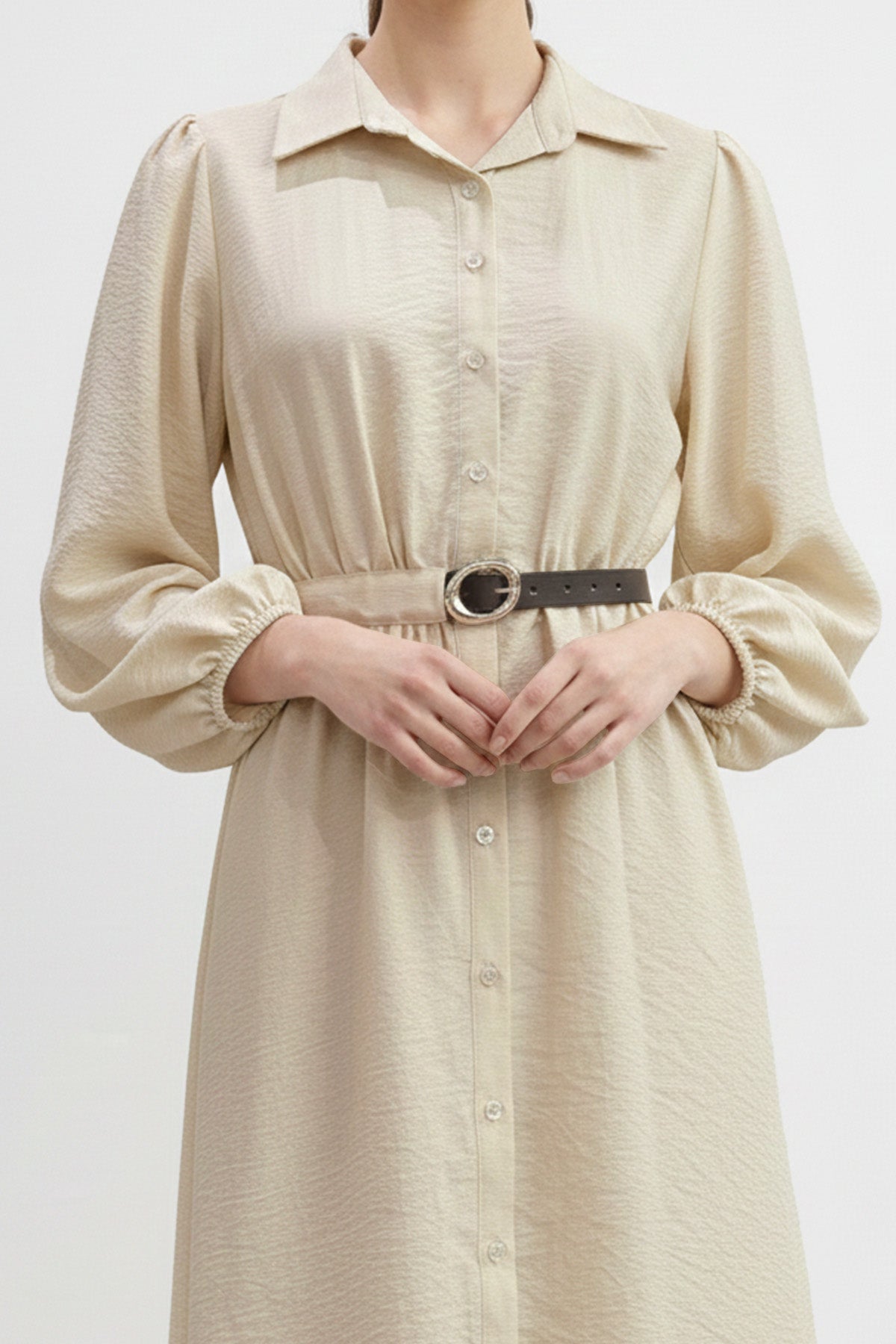 Kemer Detaylı Düğmeli Uzun Elbise-32449