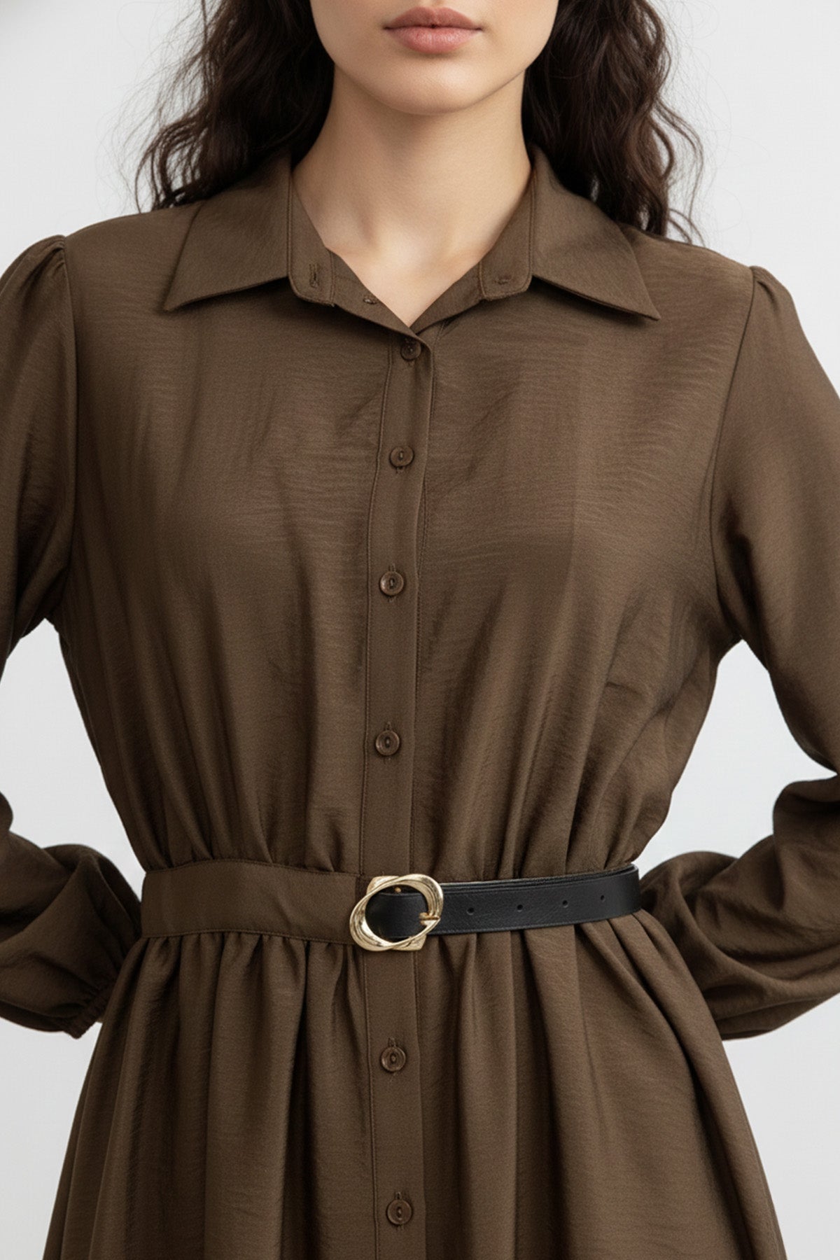 Kemer Detaylı Düğmeli Uzun Elbise-32449