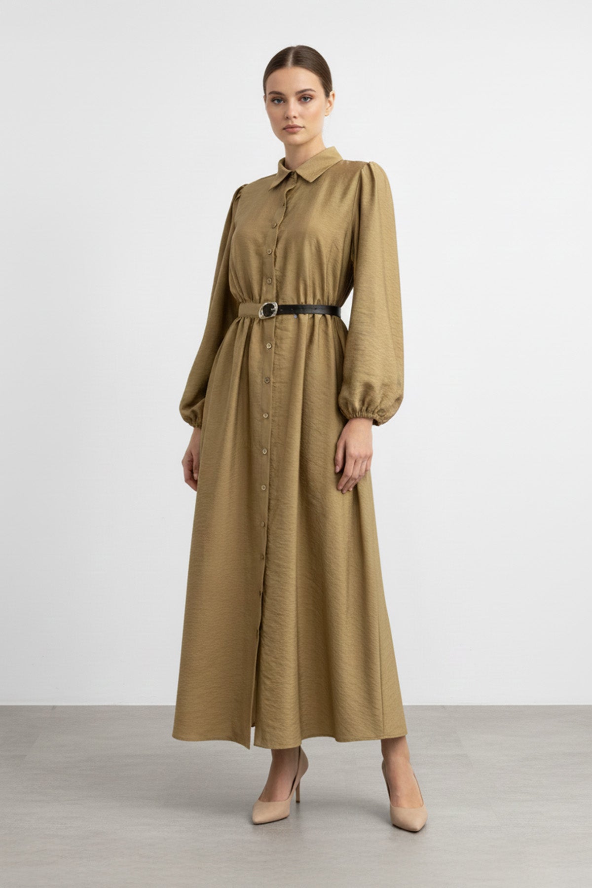 Kemer Detaylı Düğmeli Uzun Elbise-32449