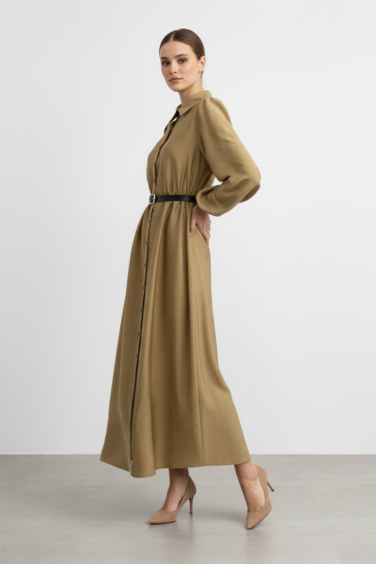 Kemer Detaylı Düğmeli Uzun Elbise-32449