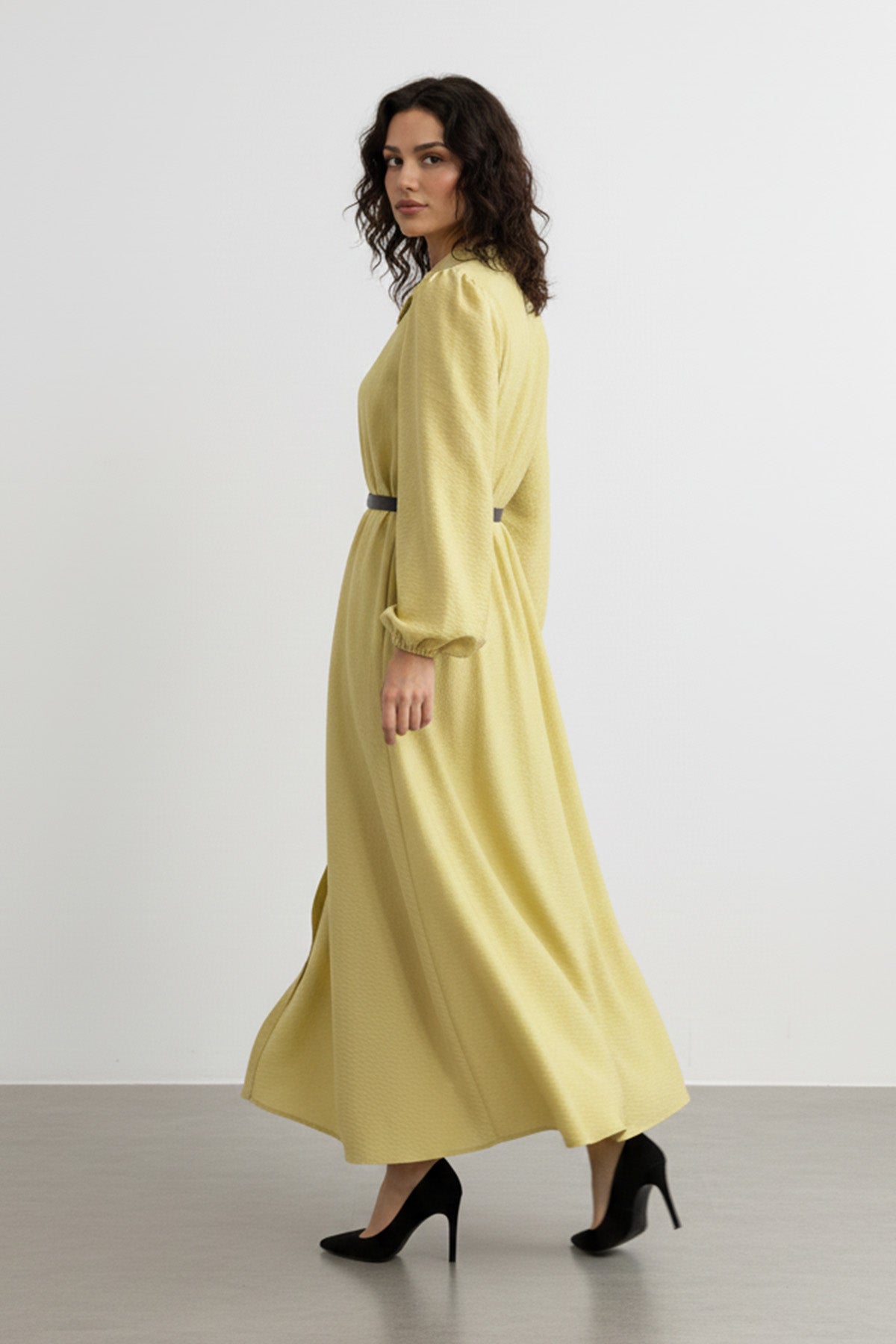 Kemer Detaylı Düğmeli Uzun Elbise-32449