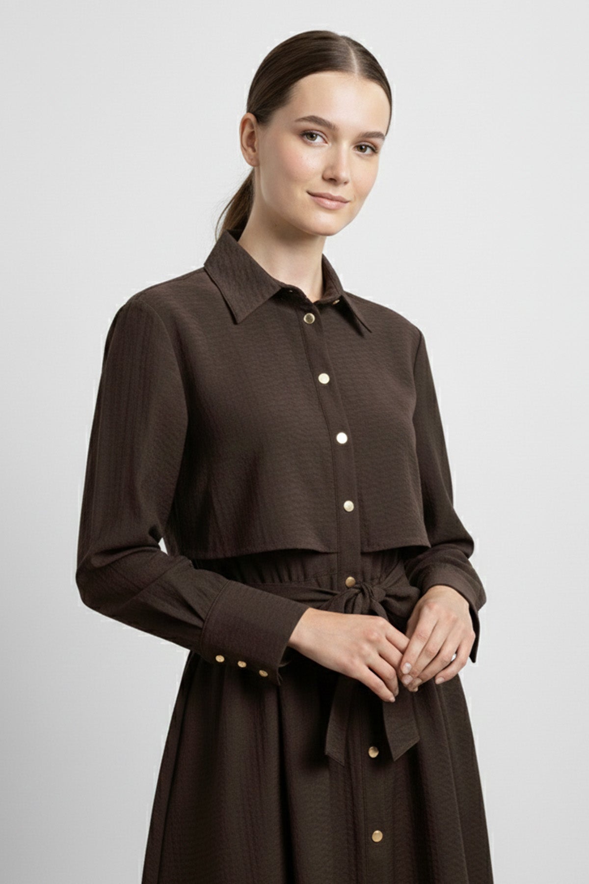 Kadın Gömlek Yaka Düğmeli Belden Bağlamalı Uzun Elbise-32454