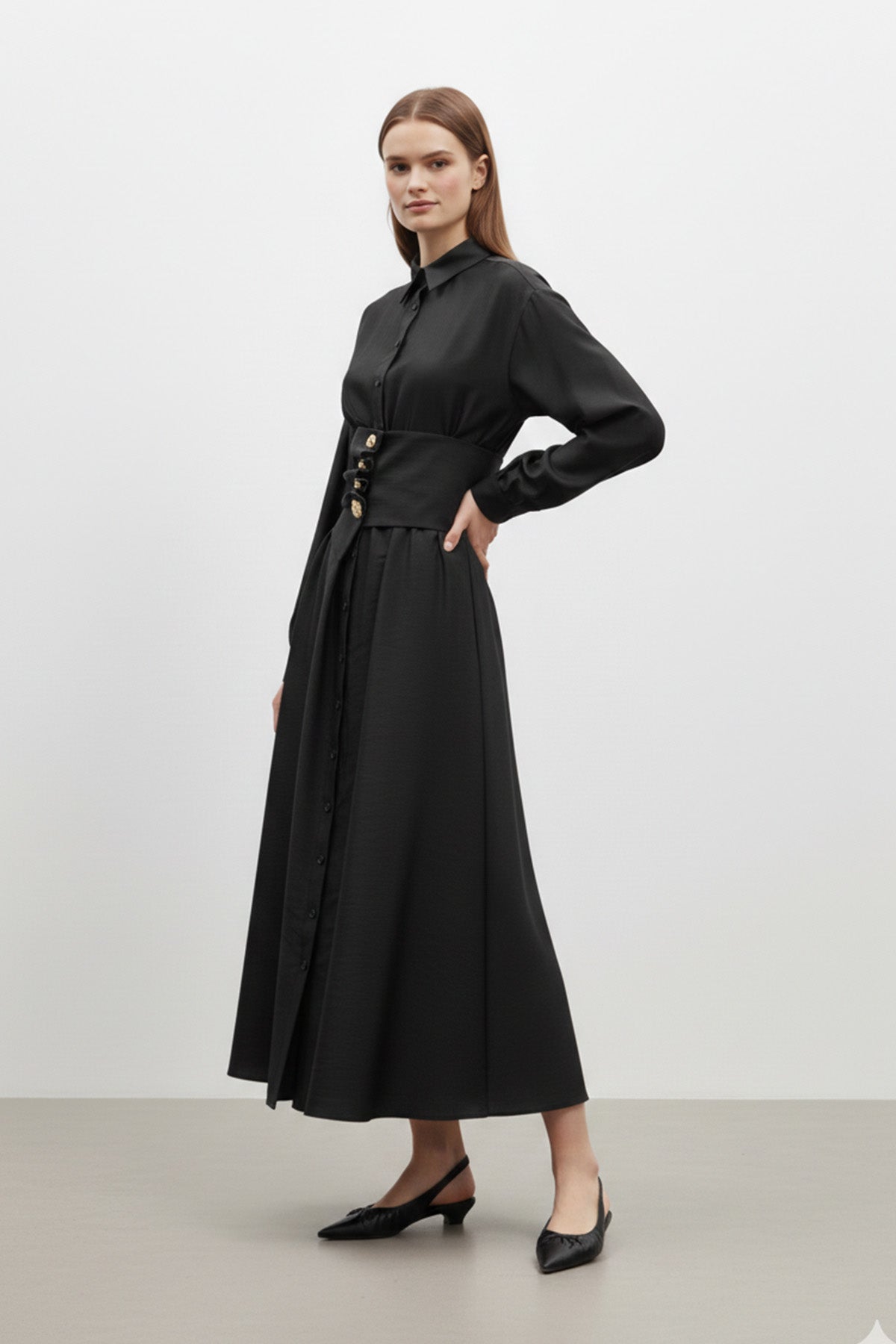 Kadın Gömlek Yaka Düğmeli Belden Toparlayıcı Uzun Elbise-32455ELB