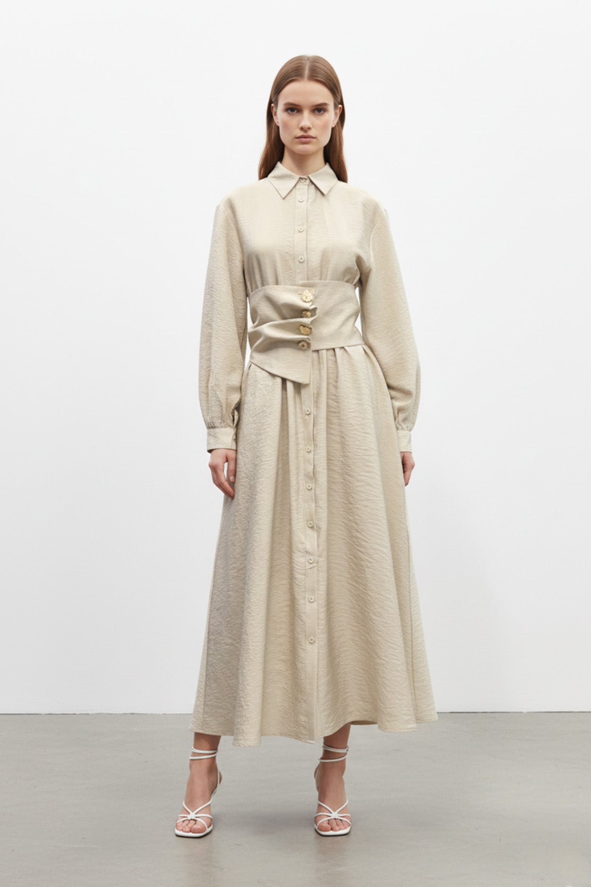 Kadın Gömlek Yaka Düğmeli Belden Toparlayıcı Uzun Elbise-32455ELB