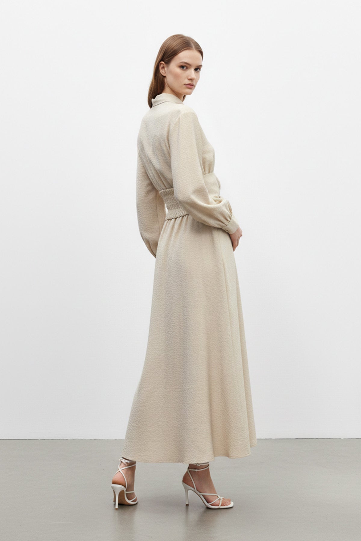 Kadın Gömlek Yaka Düğmeli Belden Toparlayıcı Uzun Elbise-32455ELB