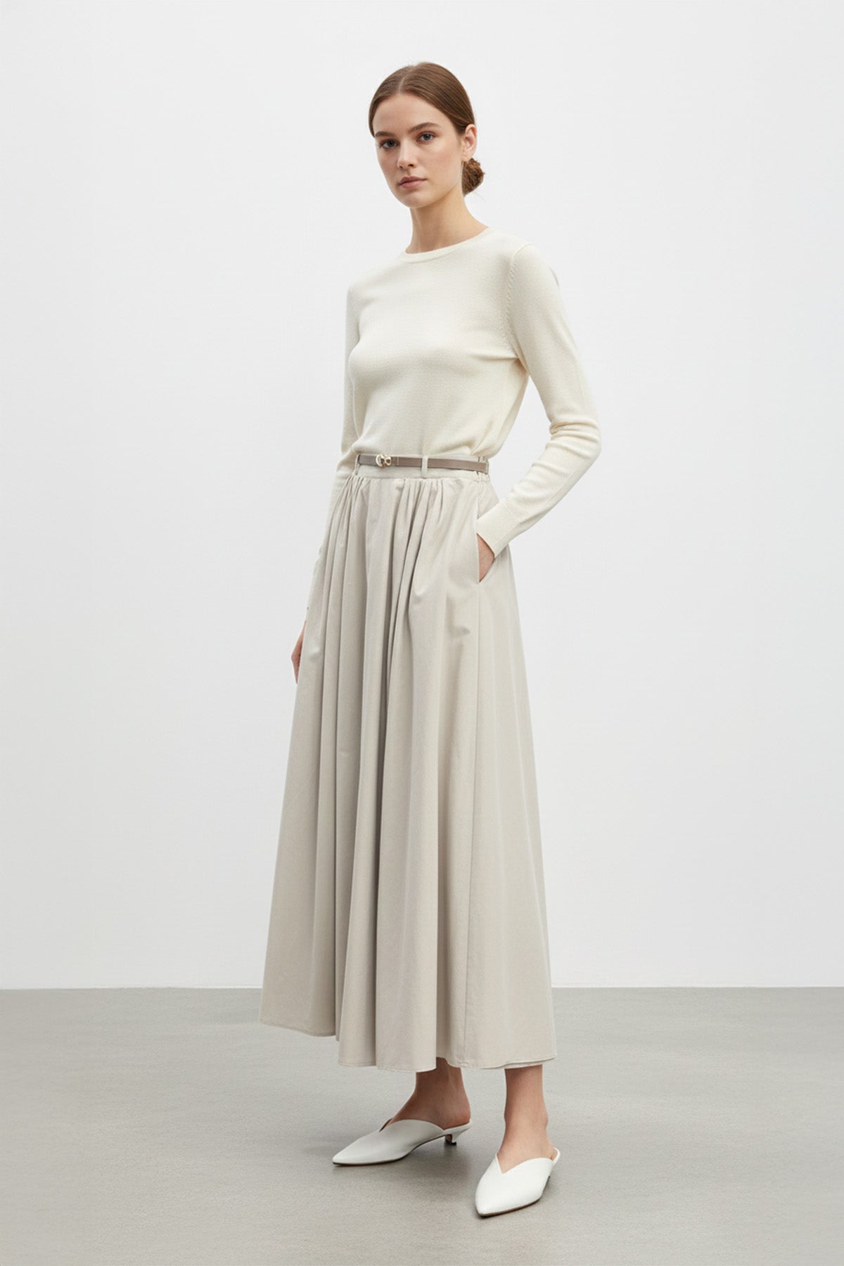 Kemer Detaylı Yüksek Bel Uzun Pileli Kadın Etek-32463