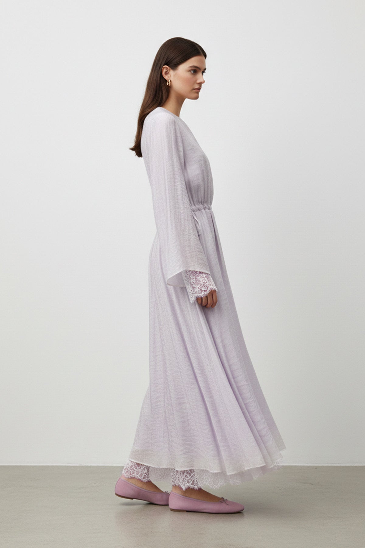 Kadın Belden Bağlamalı Dantel Detaylı Uzun Elbise-32466ELB