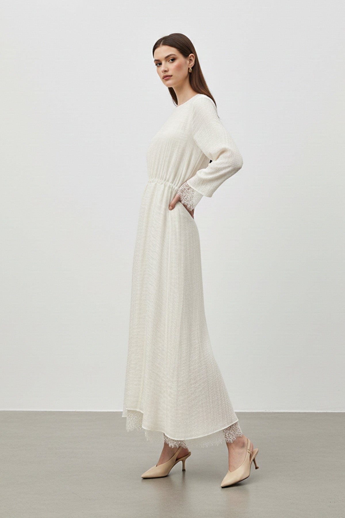 Kadın Belden Bağlamalı Dantel Detaylı Uzun Elbise-32466ELB