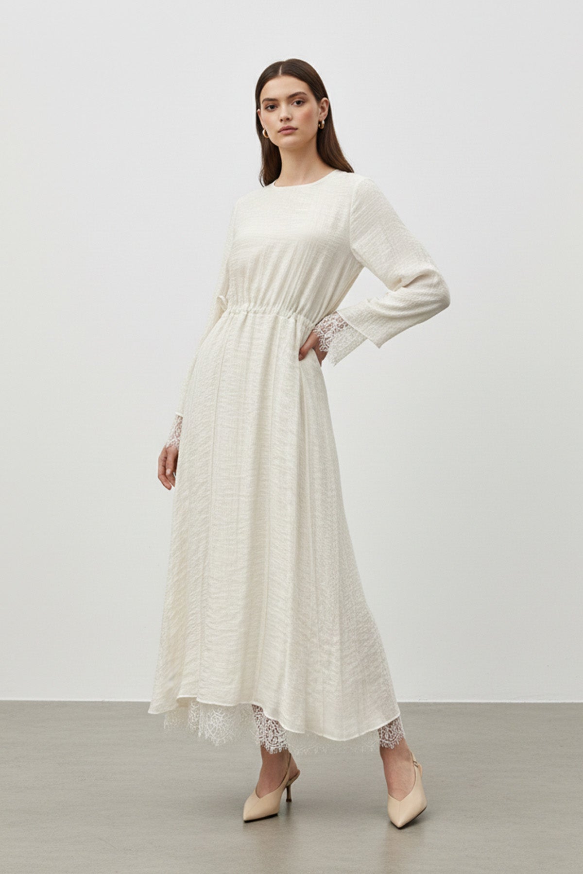 Kadın Belden Bağlamalı Dantel Detaylı Uzun Elbise-32466ELB