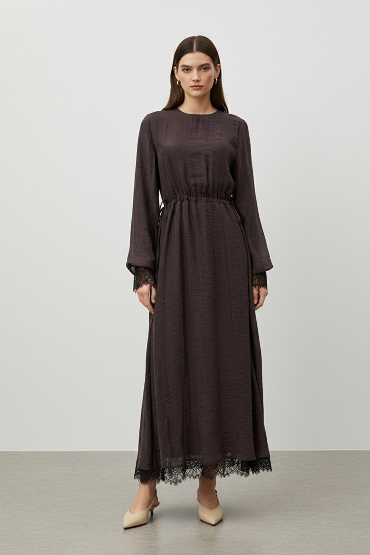 Kadın Belden Bağlamalı Dantel Detaylı Uzun Elbise-32466ELB