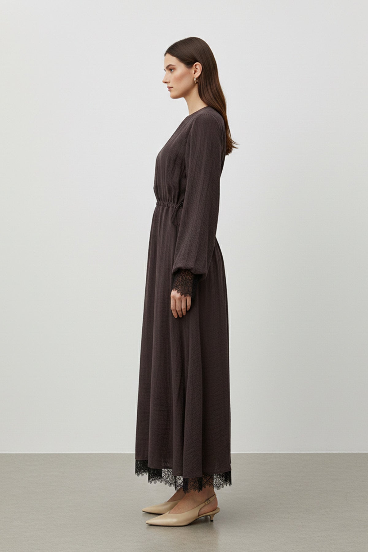 Kadın Belden Bağlamalı Dantel Detaylı Uzun Elbise-32466ELB