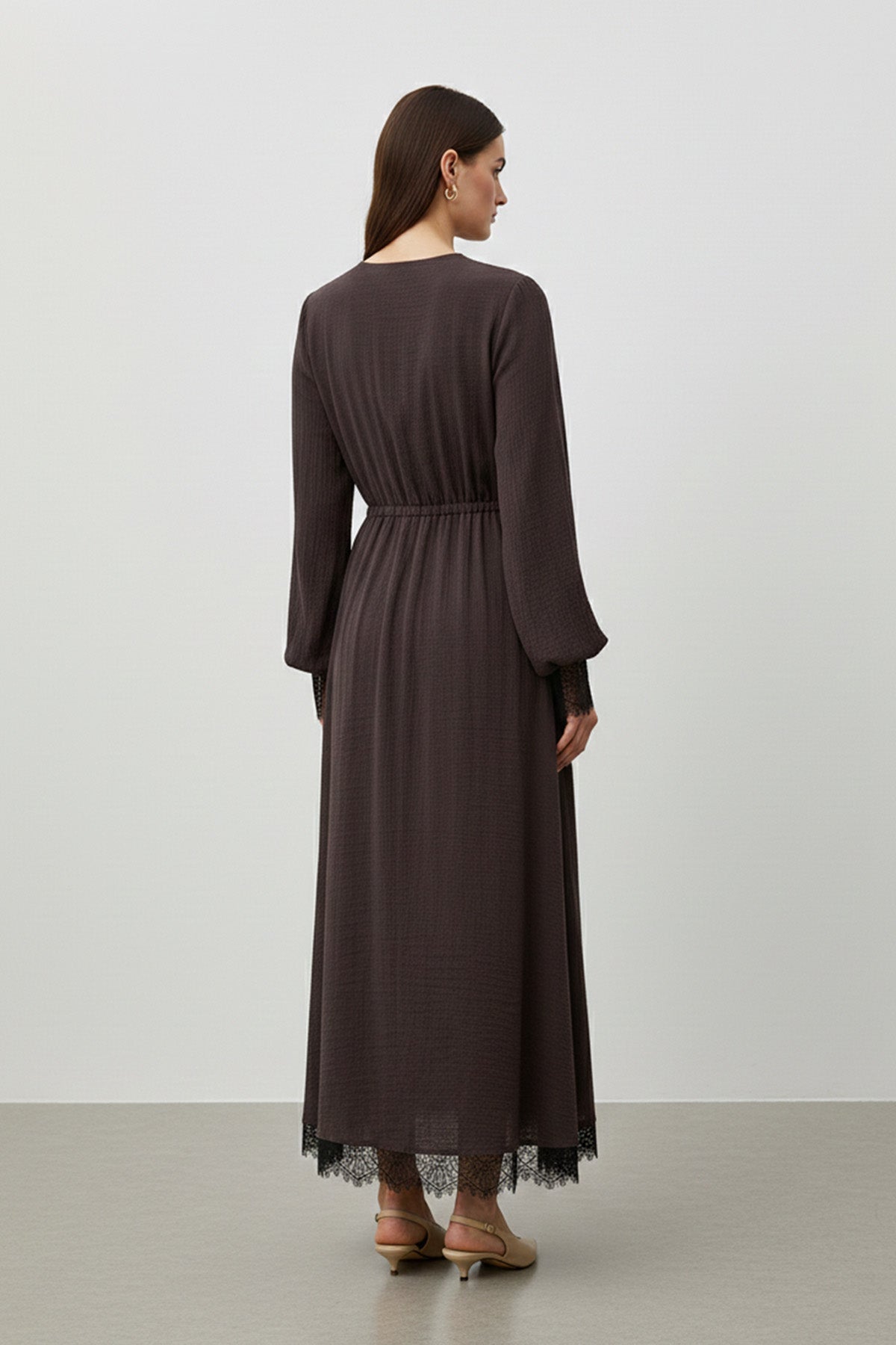 Kadın Belden Bağlamalı Dantel Detaylı Uzun Elbise-32466ELB