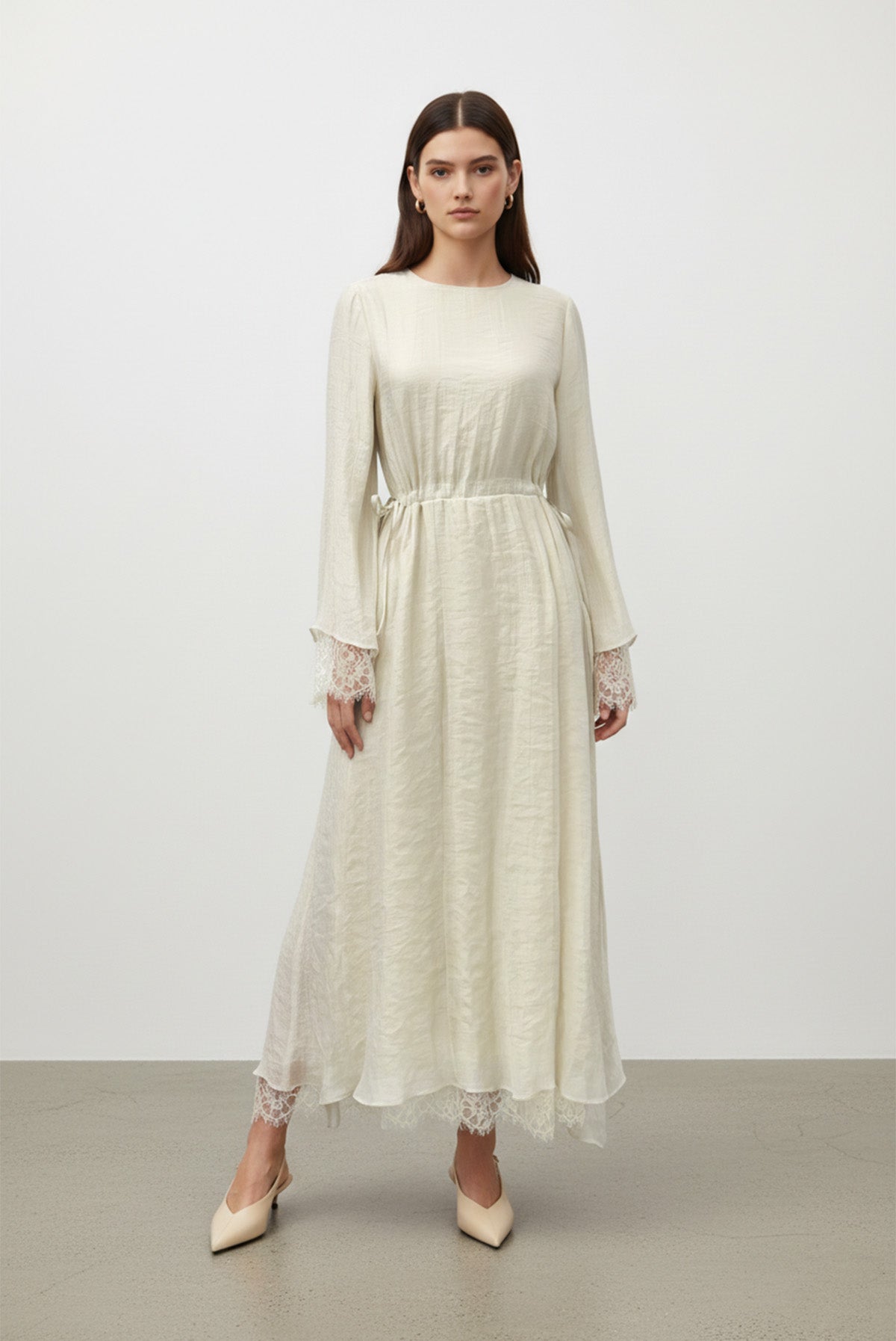 Kadın Belden Bağlamalı Dantel Detaylı Uzun Elbise-32466ELB