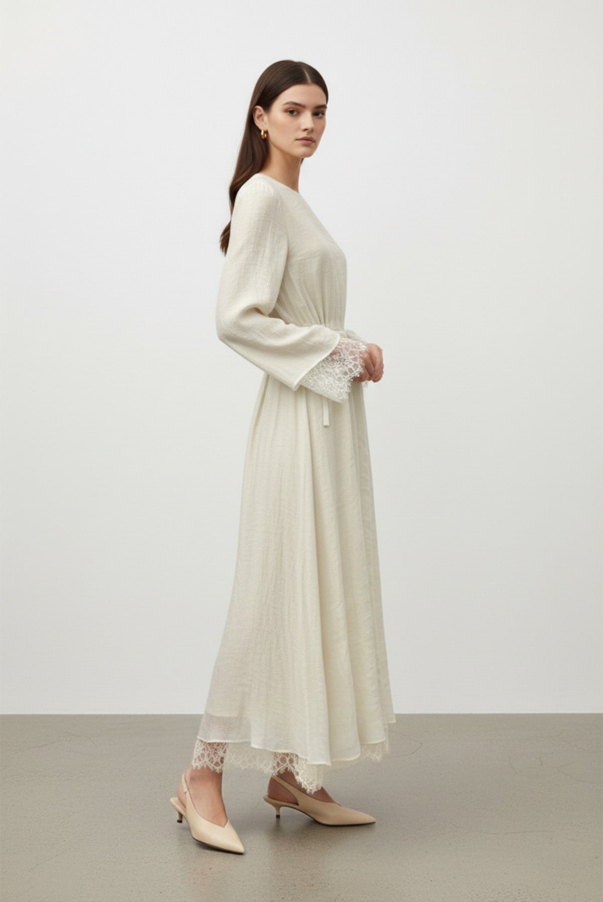 Kadın Belden Bağlamalı Dantel Detaylı Uzun Elbise-32466ELB